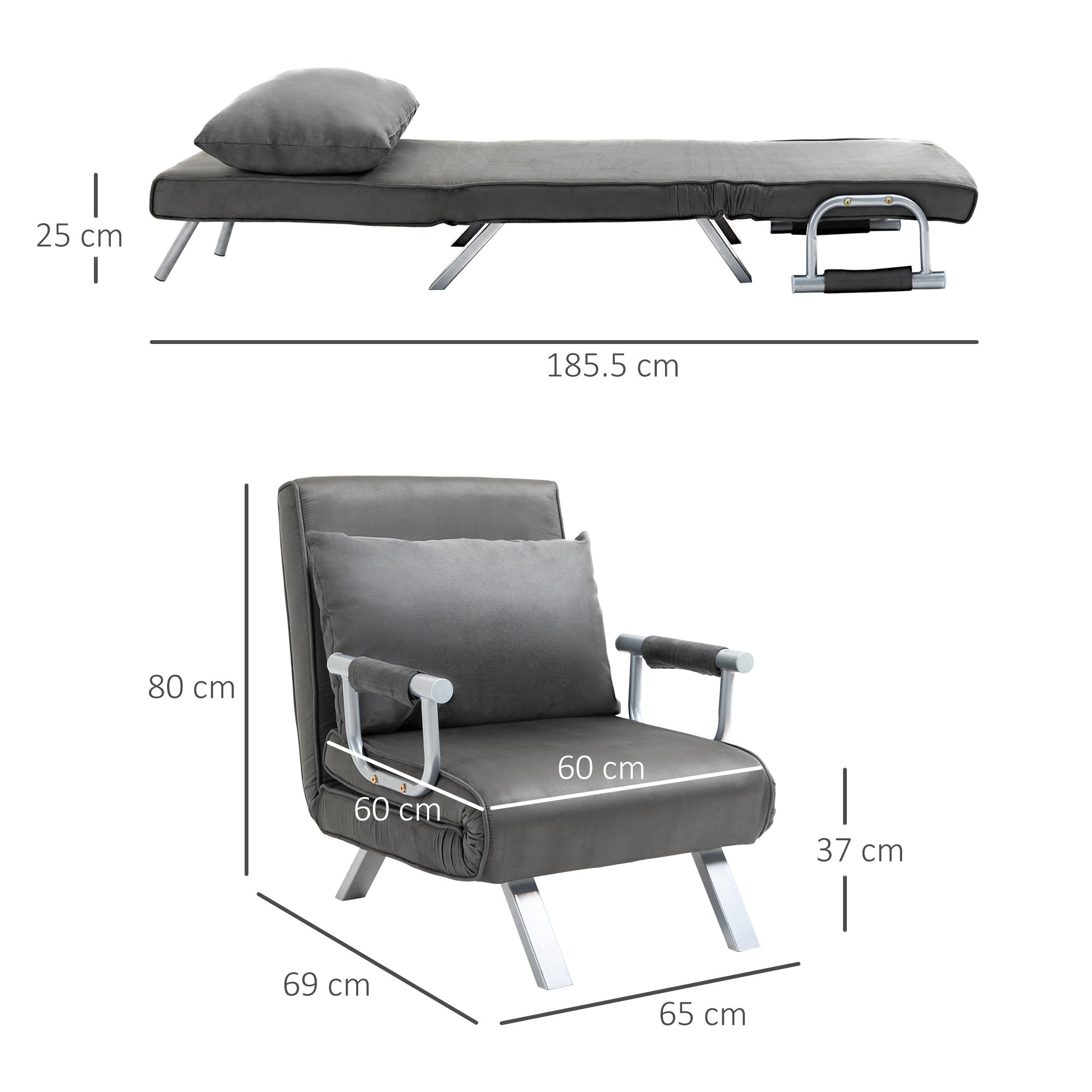 Easycomfort Poltrona Letto Singolo 3 in 1 with Schienale Reclinabile su 5 Livelli e Cuscino, Divano Letto Singolo Pieghevole per Soggiorno e Salotto in Pelle Scamosciata e Metallo, 65x69x80 cm, Grigio