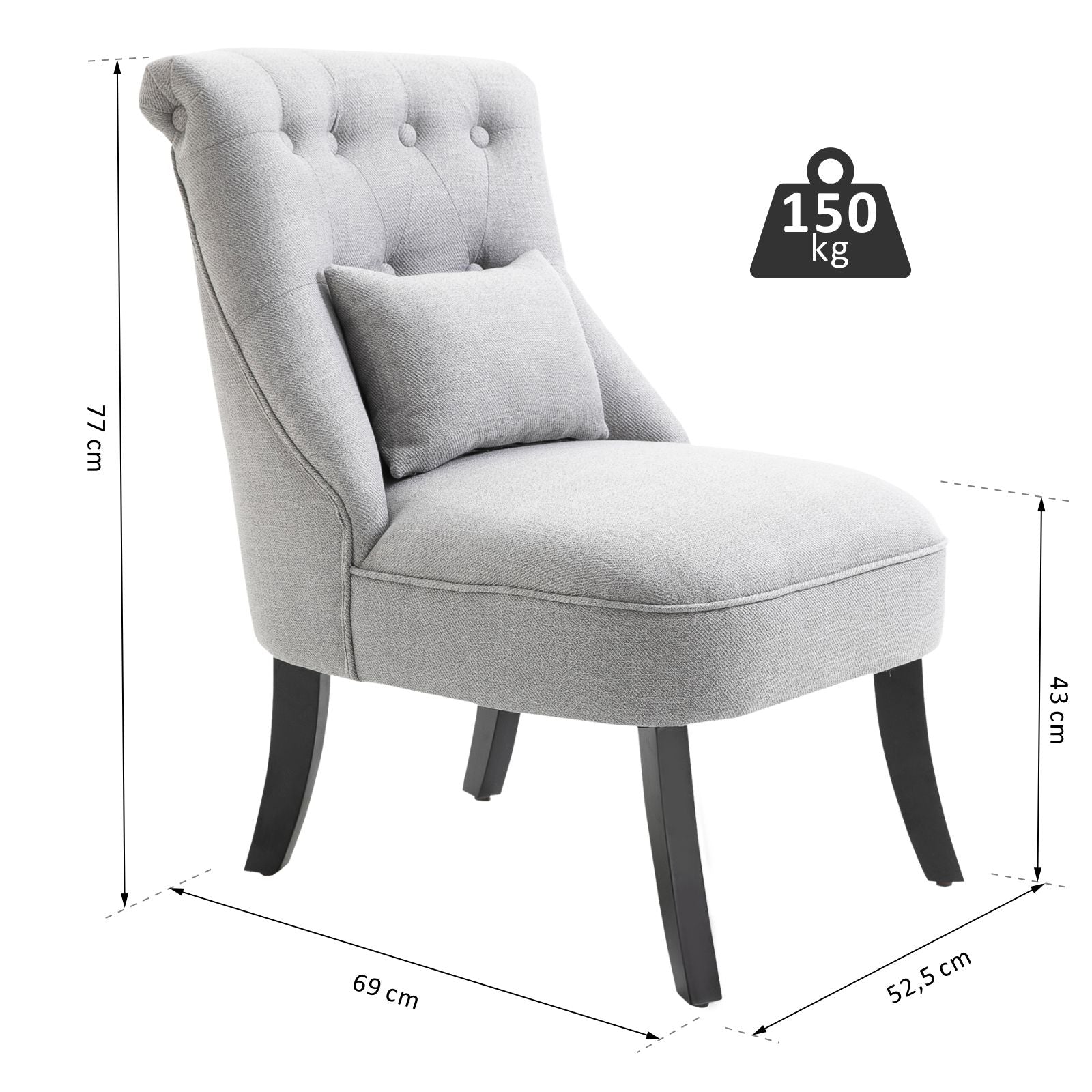 Easycomfort Poltrona per Salotto Imbottita with Cuscino e Piedini Antiscivolo, Poltrona D'Arredo in Tessuto Effetto Lino e Legno, 52.5x69x77 cm, Grigio