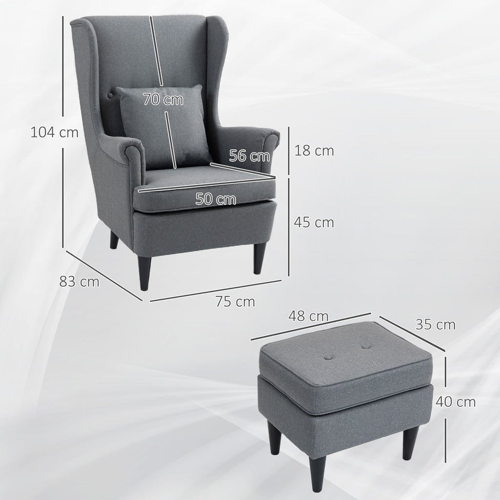 EasyComfort Poltrona per Salotto in Tessuto with Pouf Poggiapiedi, Schienale Alto e Cuscino, 75x83x104 cm, Grigio