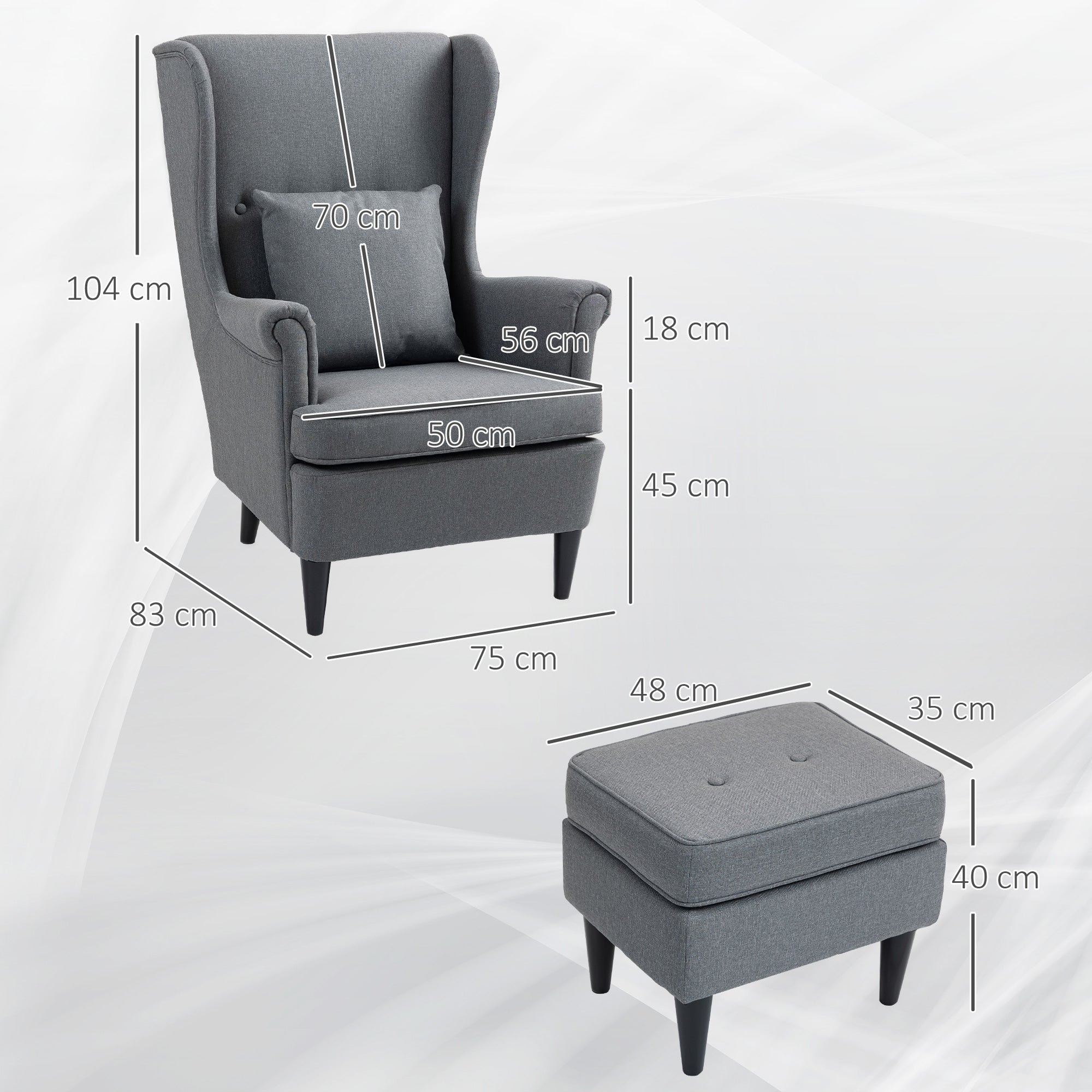 EasyComfort Poltrona per Salotto in Tessuto with Pouf Poggiapiedi, Schienale Alto e Cuscino, 75x83x104 cm, Grigio