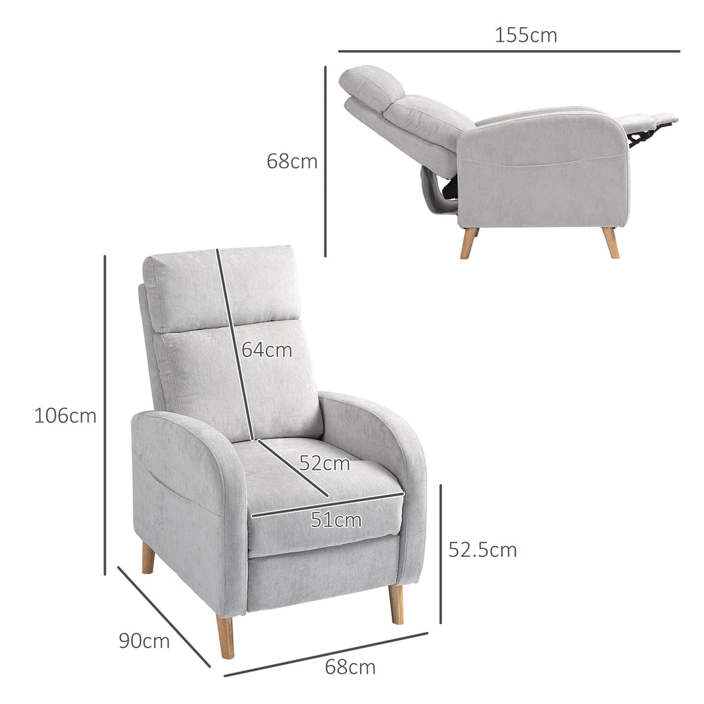 EasyComfort Poltrona Reclinabile 150° max with Poggiapiedi, in Tessuto Effetto Lino, 68x90x106 cm, Grigio Chiaro