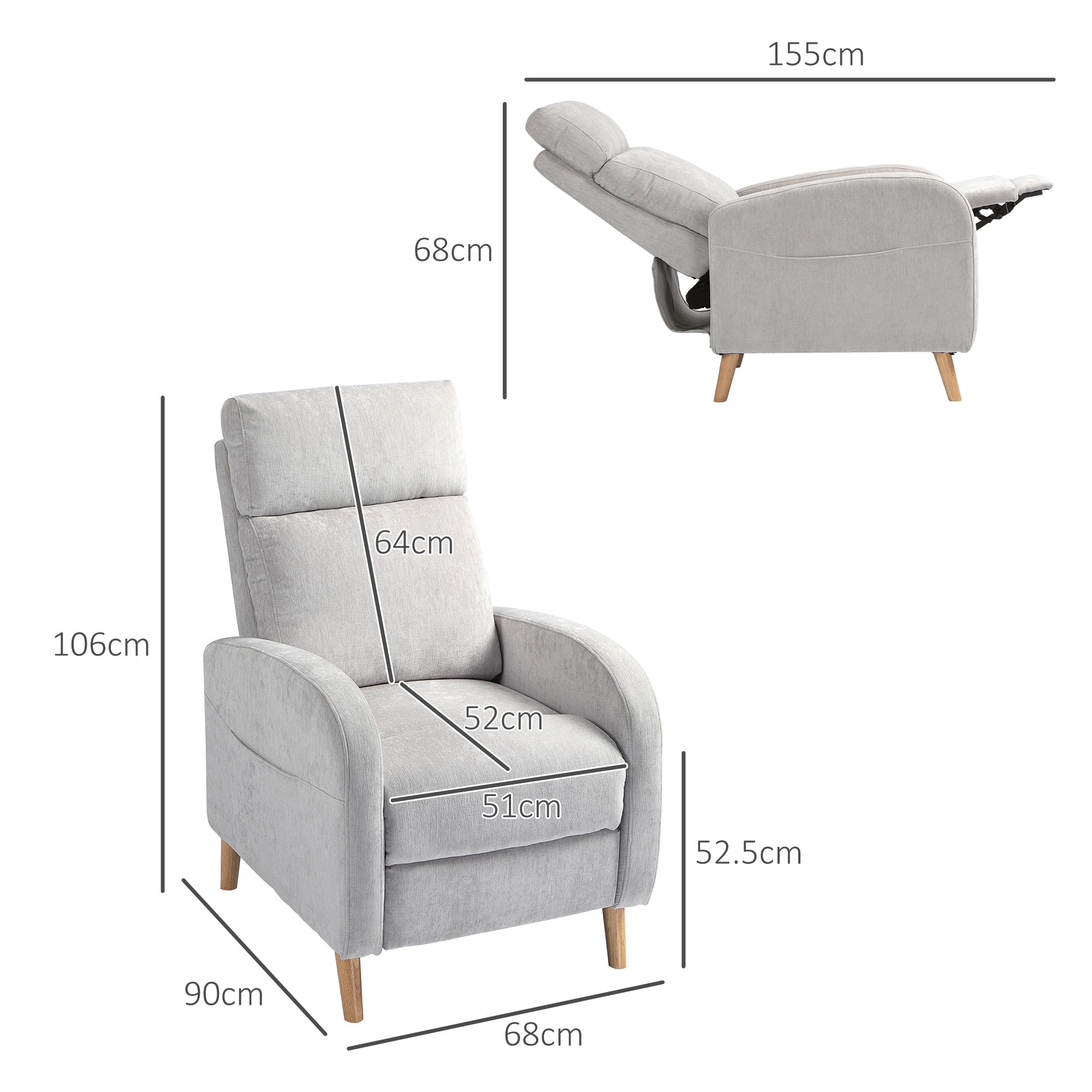 EasyComfort Poltrona Reclinabile 150° max with Poggiapiedi, in Tessuto Effetto Lino, 68x90x106 cm, Grigio Chiaro