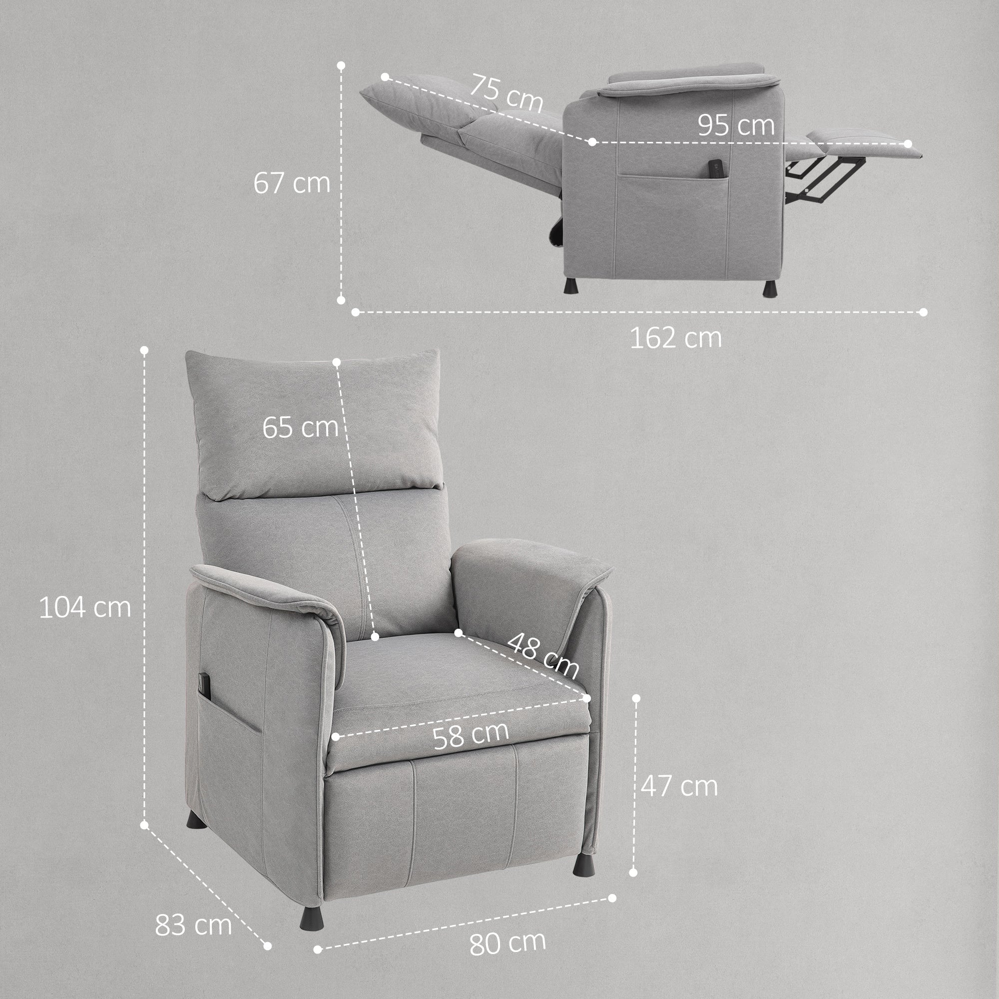 EasyComfort Poltrona Reclinabile Elettrica with Telecomando e Poggiapiedi, in Tessuto Effetto Velluto, 80x83x104 cm, Grigio