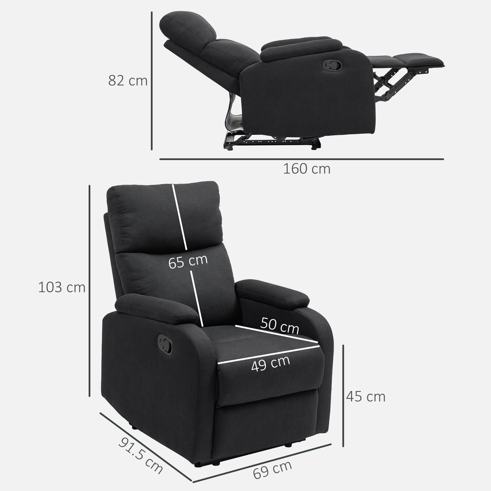 EasyComfort Reclinabele fauteuil handmatig 60° extra gevoerd, stof, zwart