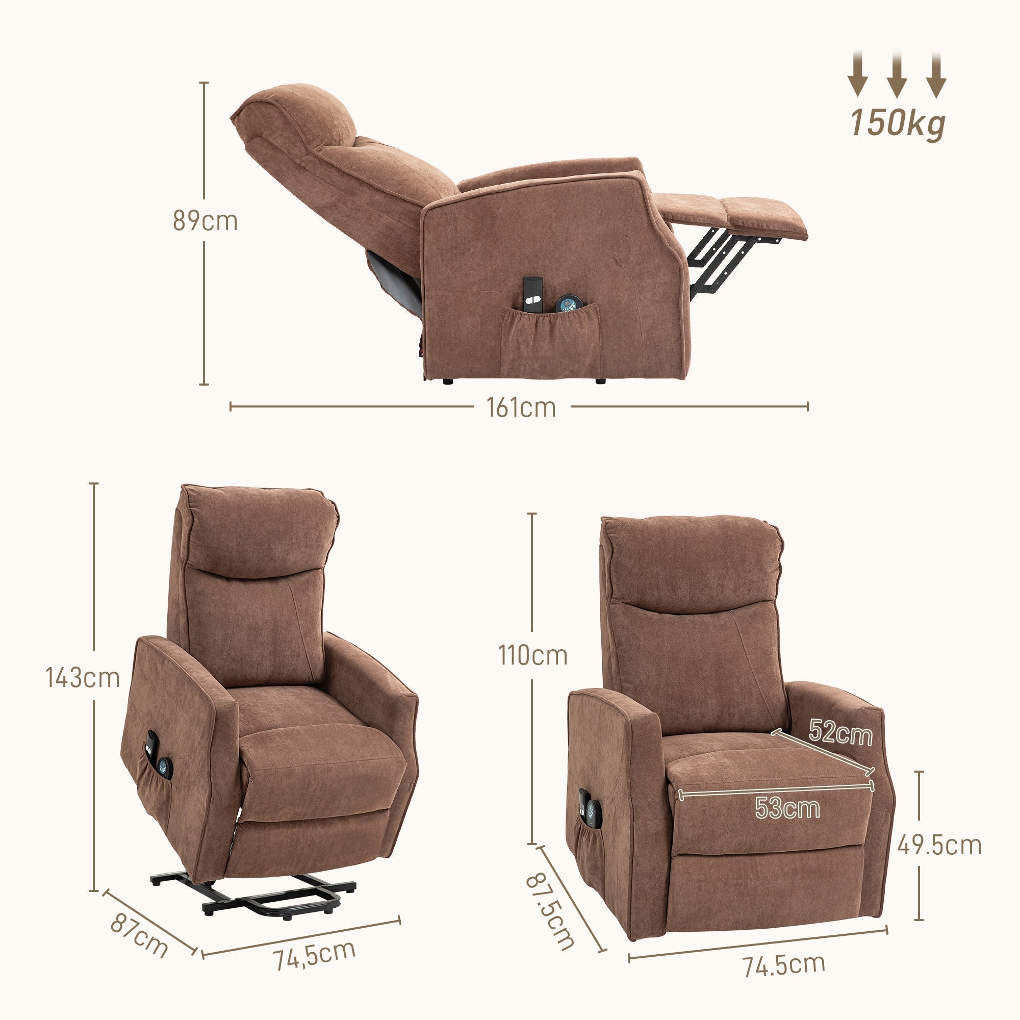 EasyComfort Relaxfauteuil met opsta-ondersteuning, 8 massagepunten, bruin