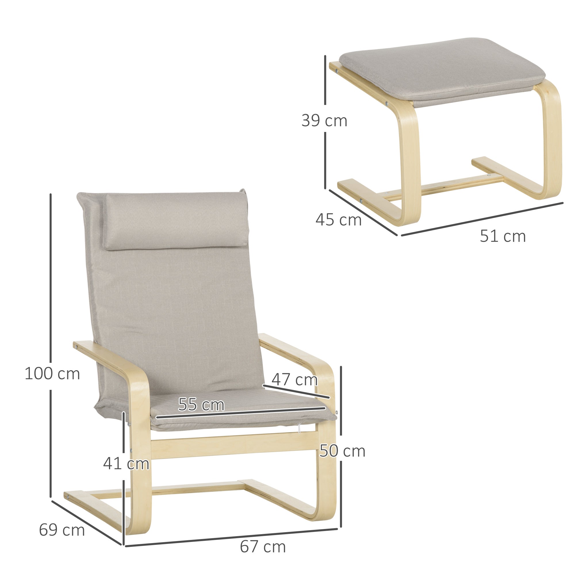 Easycomfort Poltrona Relax with Pouf Poggiapiedi in Legno e Tessuto with Poggiatesta, 67x69x100cm, Grigio