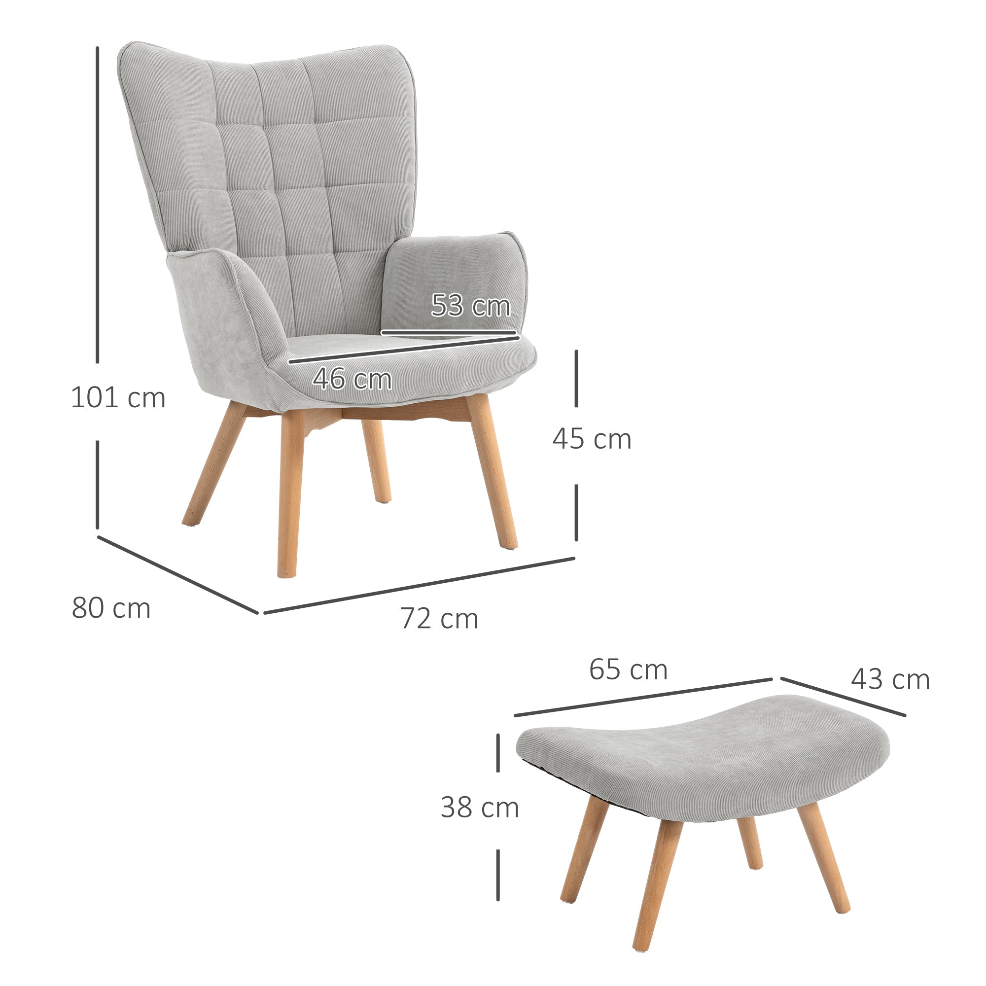 EasyComfort Relaxfauteuil met poef, ribfluweel, hoge rugleuning, grijs