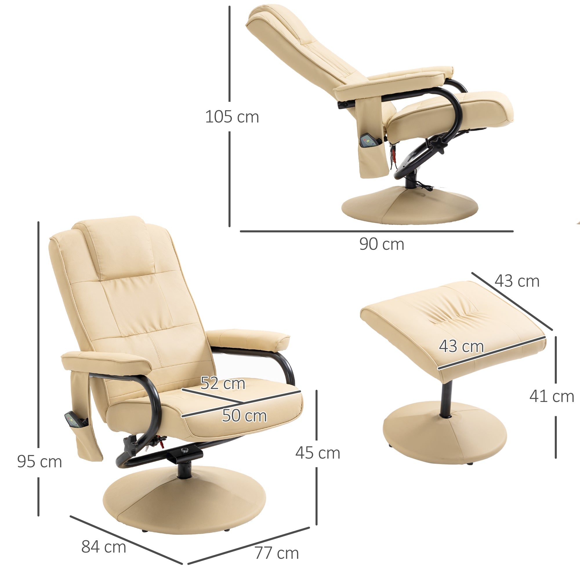 EasyComfort Poltrona Relax with Pouf Poggiapiedi Reclinabile a 145° with 10 Punti Massaggio e Telecomando in Finta Pelle, Crema