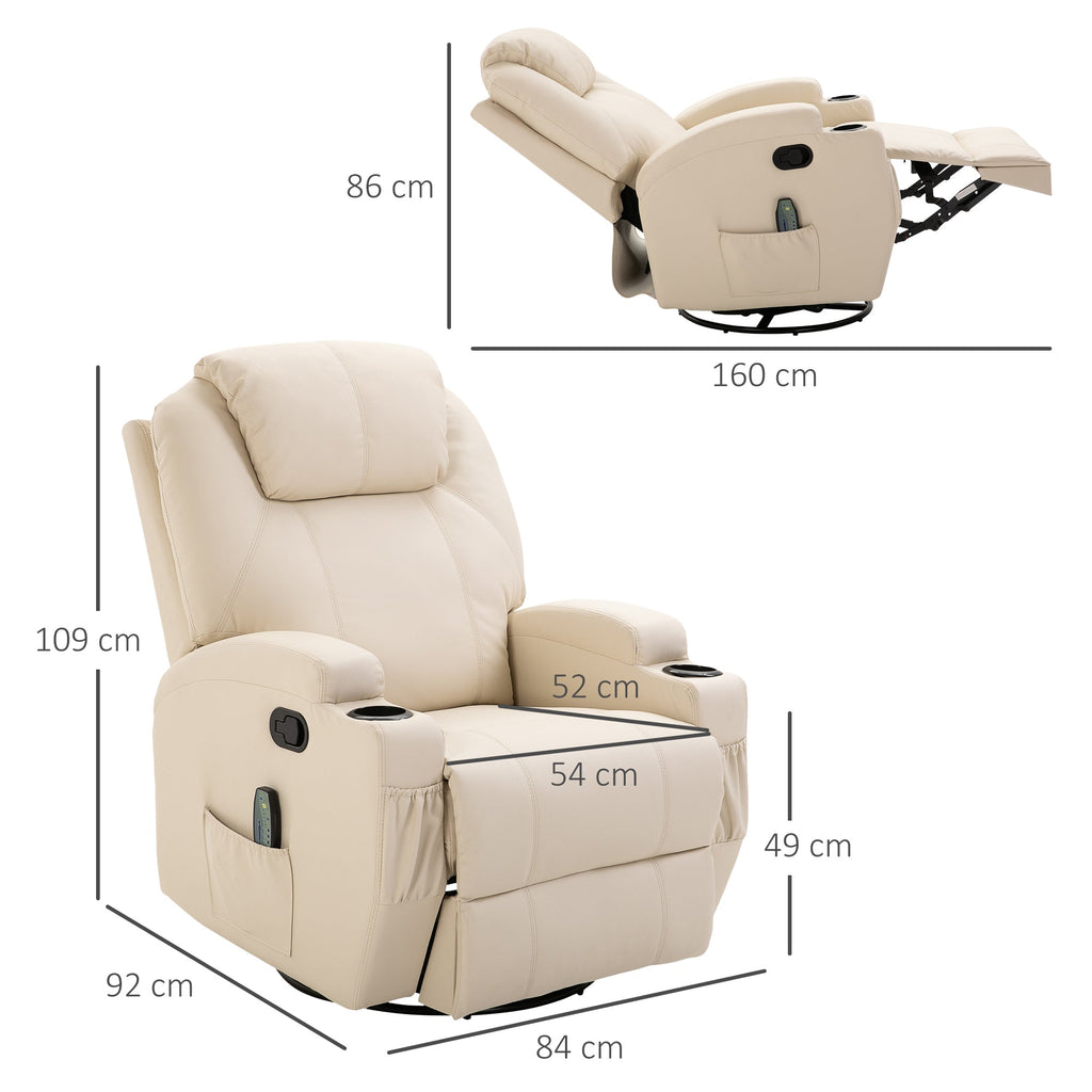 Easycomfort Poltrona Relax Elettrica Reclinabile Girevole with 2 Portabicchieri, Telecomando, Poggiapiedi e 4 Tasche Laterali, in Pelle PU, Legno e Acciaio, Crema