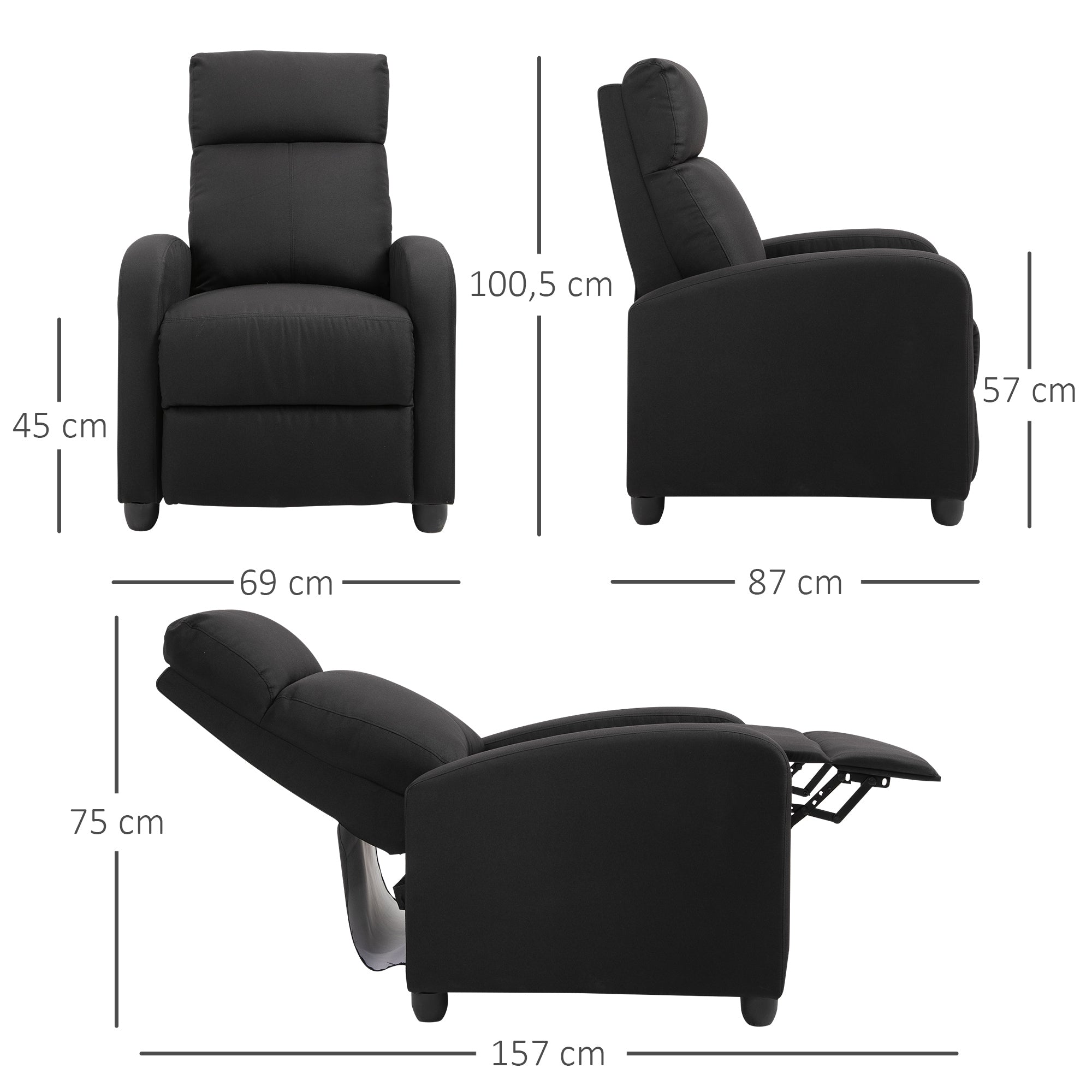 Easycomfort Poltrona Relax Imbottita with Schienale Reclinabile 135° e Poggiapiedi Estraibile, in Lino black, 69x87x100.5cm