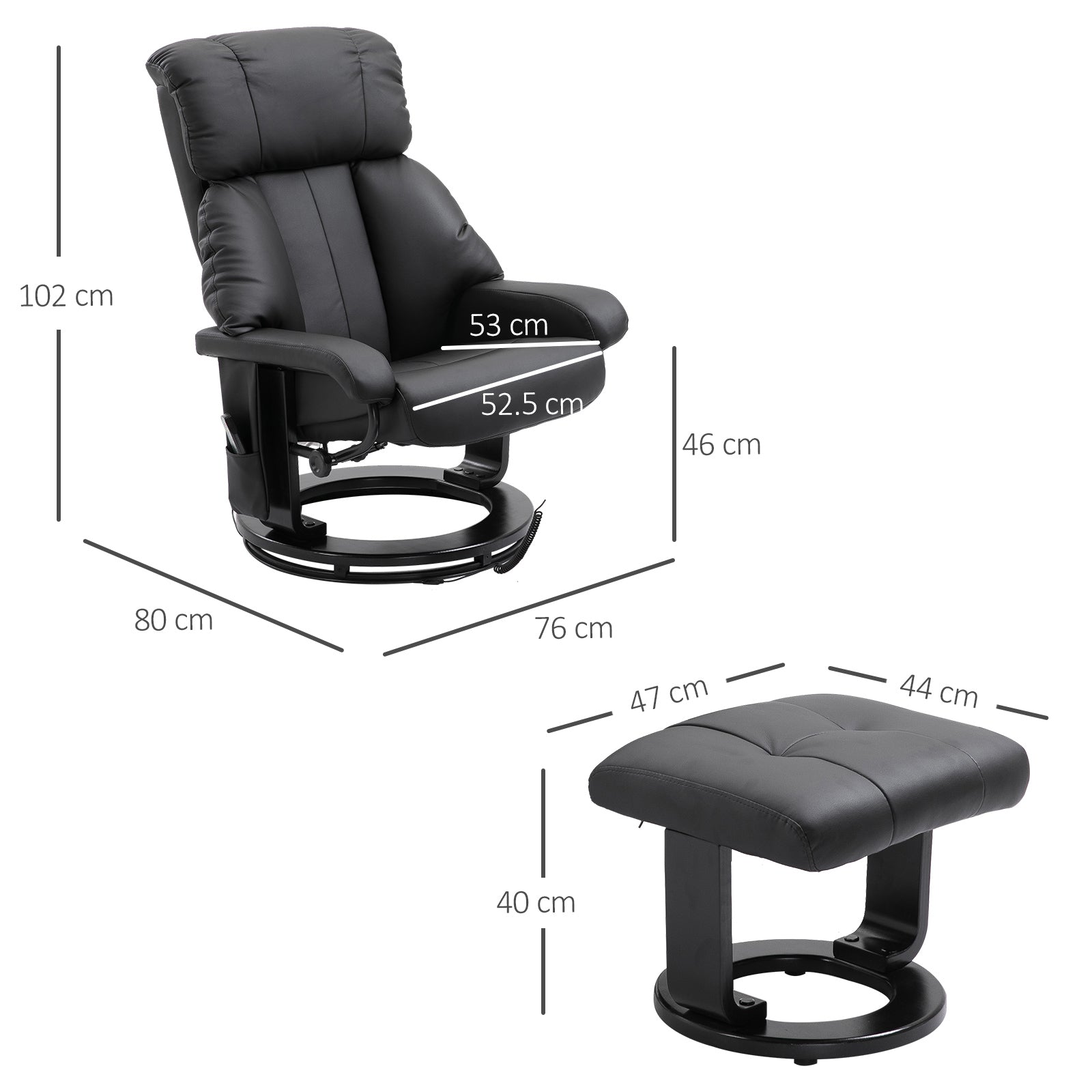 EasyComfort Relaxfauteuil met massage, voetenbank en afstandsbediening, 76x80x102 cm zwart