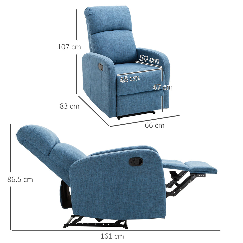 Easycomfort Poltrona Relax Reclinabile Manuale with Poggiapiedi Portata 125kg Tessuto di Lino 67 × 83 × 107cm Blu