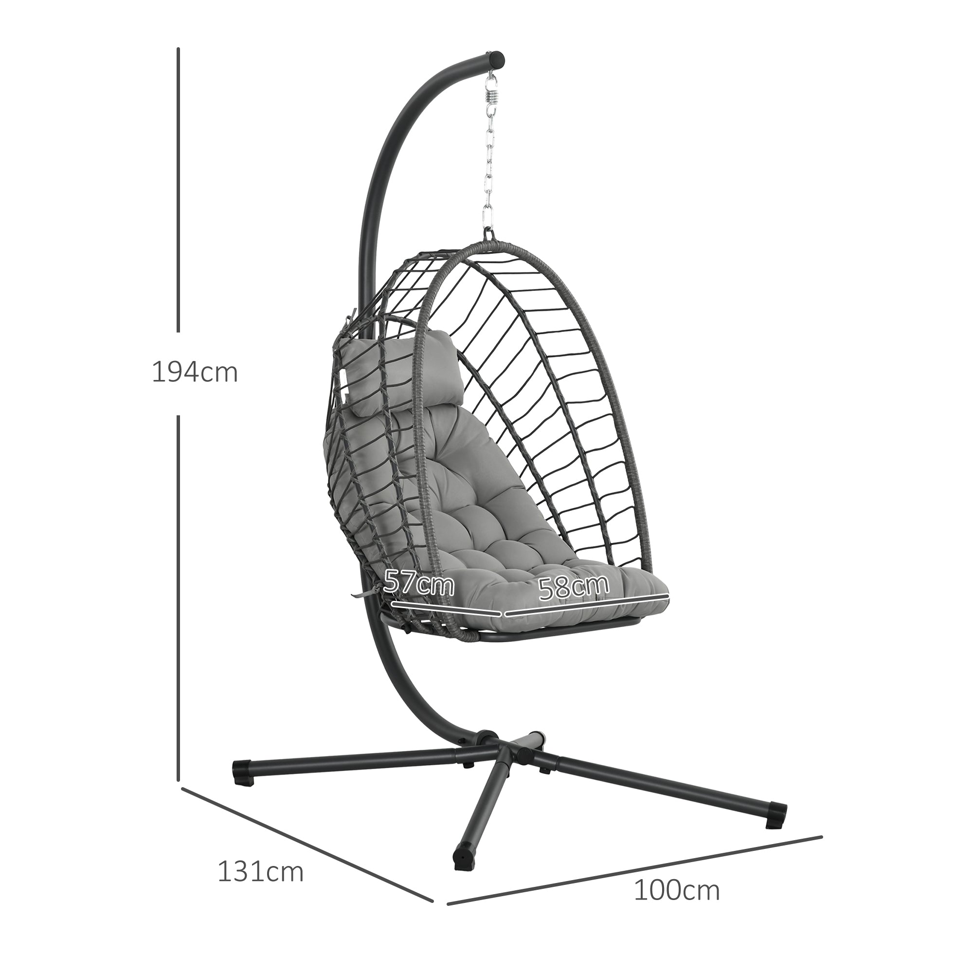 EasyComfort Hangstoel PE-rattan inklapbaar met kussen, staal, grijs