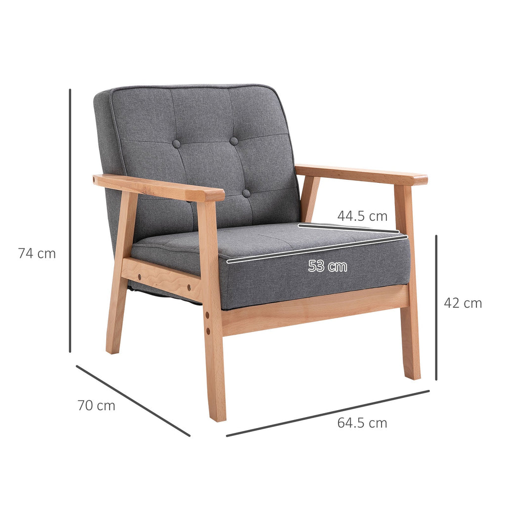 Easycomfort Poltrona Stile Scandinavo Imbottita e Trapuntata a Bottoni in Tessuto e Legno, 64.5x70x74cm, Grigio