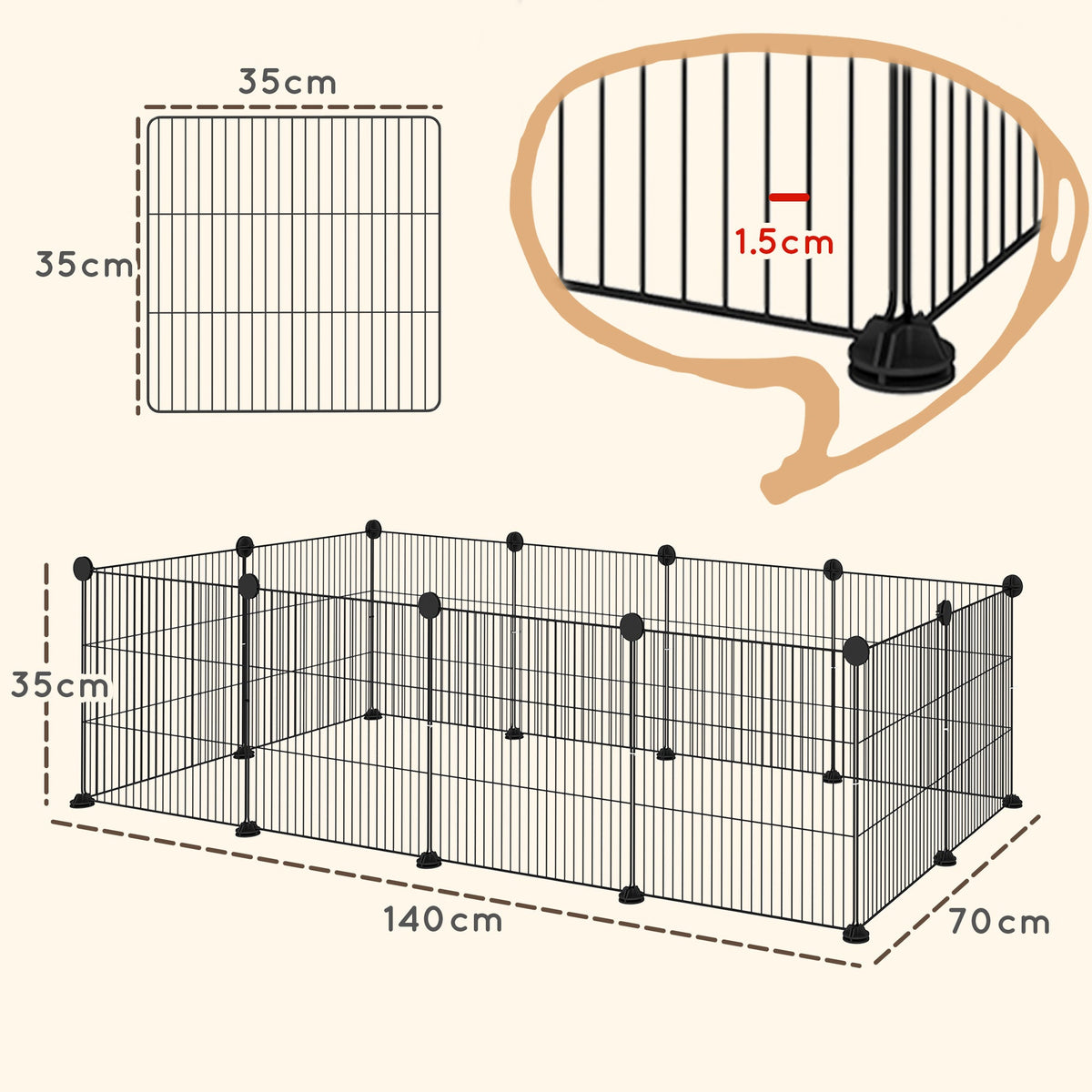 EasyComfort modulair dierenren 12 panelen 140x70x35 cm, zwart