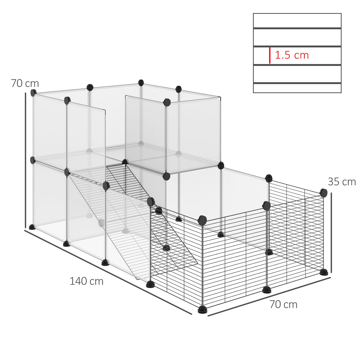 EasyComfort Modulaire dierenren 140x70x70 cm, 21 PP-panelen + 6 stalen panelen