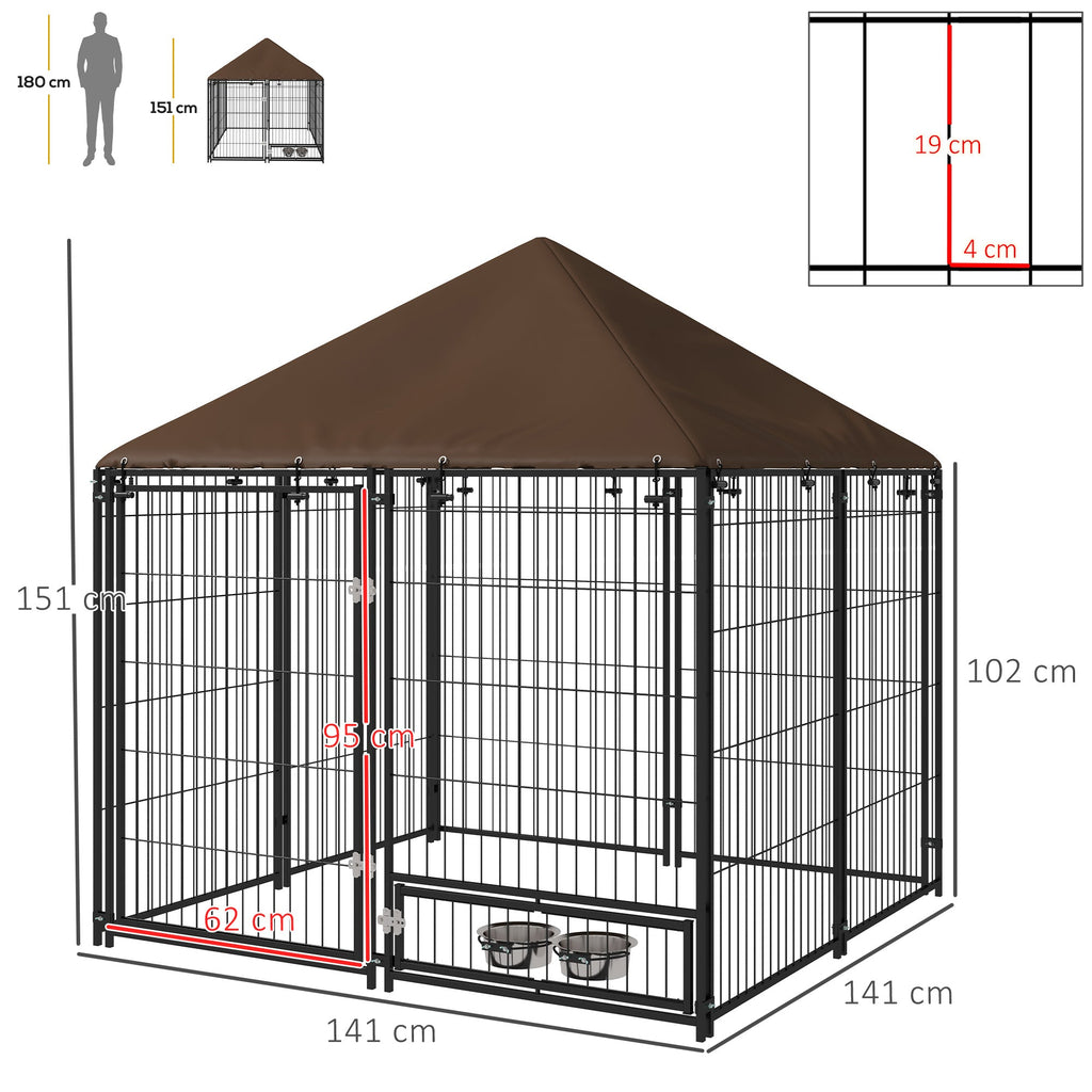EasyComfort Recinto per Cani in Metallo e Tessuto Oxford con Porticina per Ciotole, 141x141x151 cm, Nero e Marrone