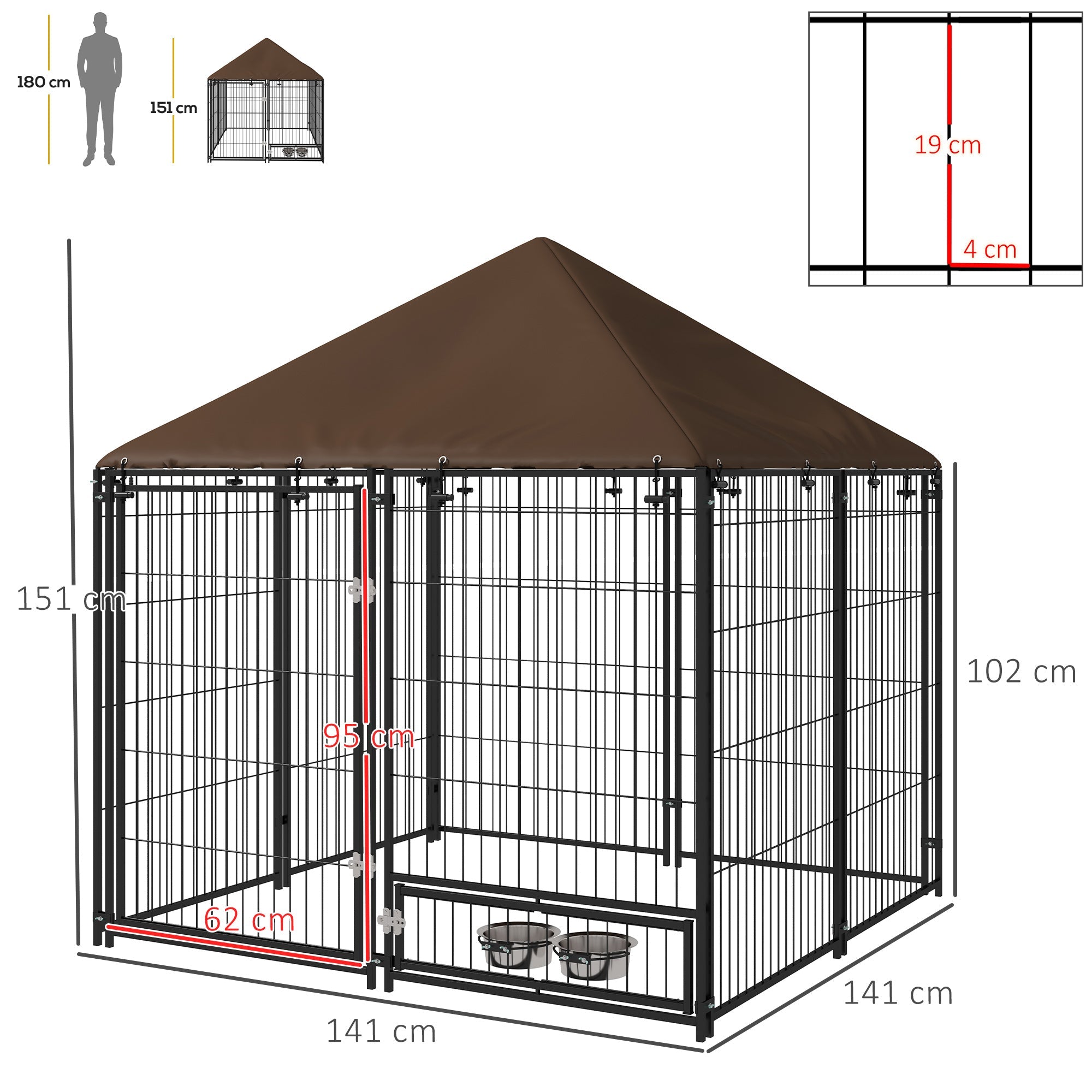 EasyComfort Recinto per Cani in Metallo e Tessuto Oxford con Porticina per Ciotole, 141x141x151 cm, Nero e Marrone