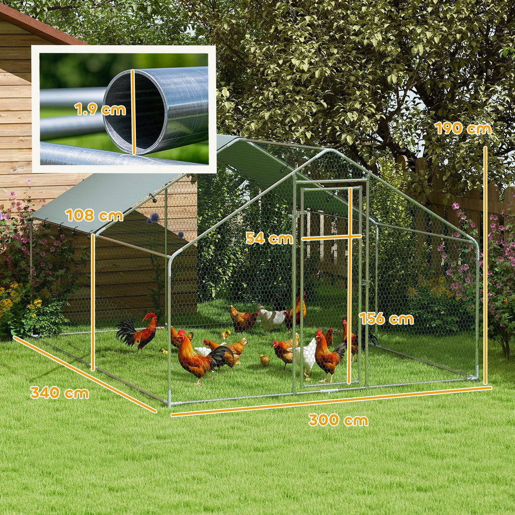 EasyComfort Recinto per Galline da 10.2m² per 10-15 Galline con Tetto Impermeabile, in Acciaio e Tessuto, 3x3.4x1.9 m, Argento