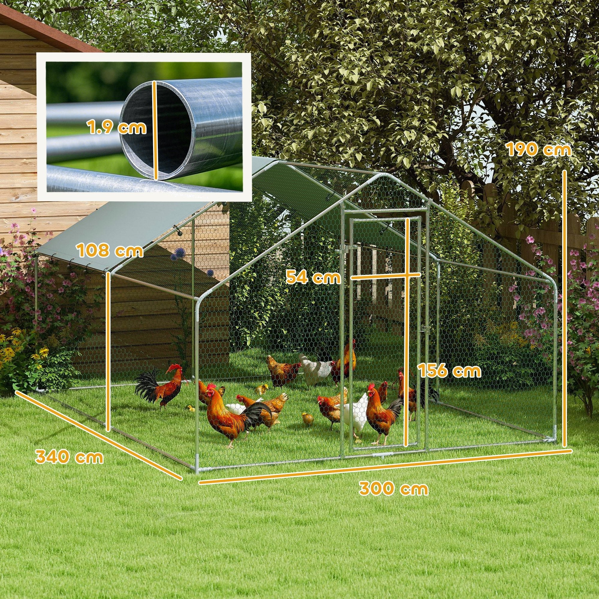 EasyComfort Recinto per Galline da 10.2m² per 10-15 Galline con Tetto Impermeabile, in Acciaio e Tessuto, 3x3.4x1.9 m, Argento