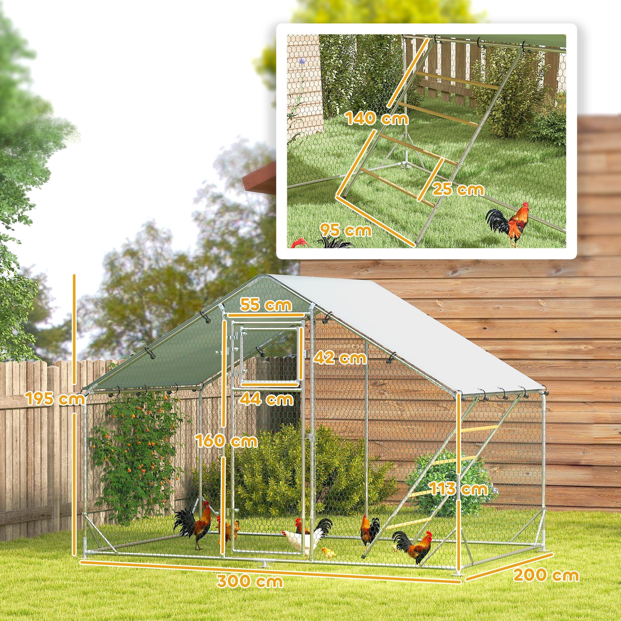 EasyComfort Recinto per Galline da 6m² per 6-8 Animali con Tetto Impermeabile, Mangiatoia e Posatoio, 3x2x1.9m, Argento