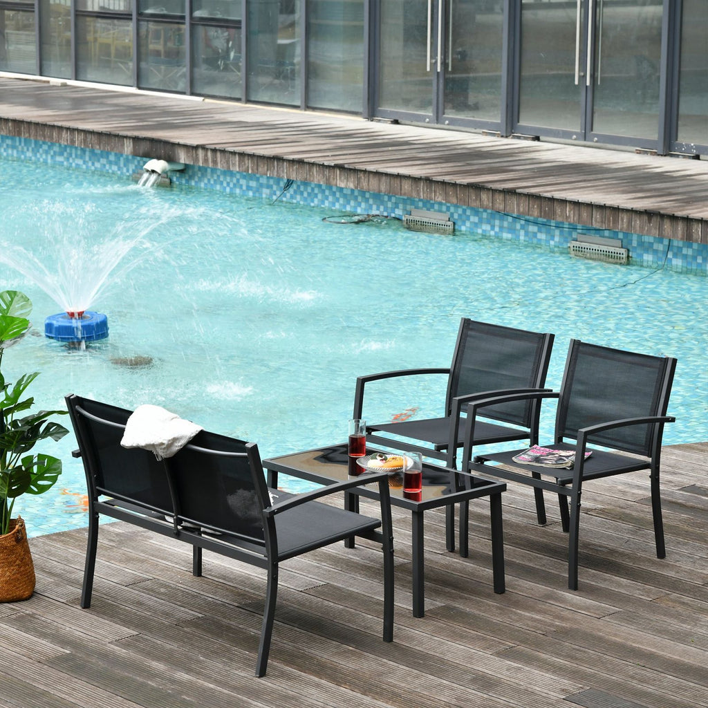 EASYCOMFORT Outdoor Lounge, 4-piece Set with 1 Coffee Table, 2 Garden Chairs and 1 Metal Bench, Black