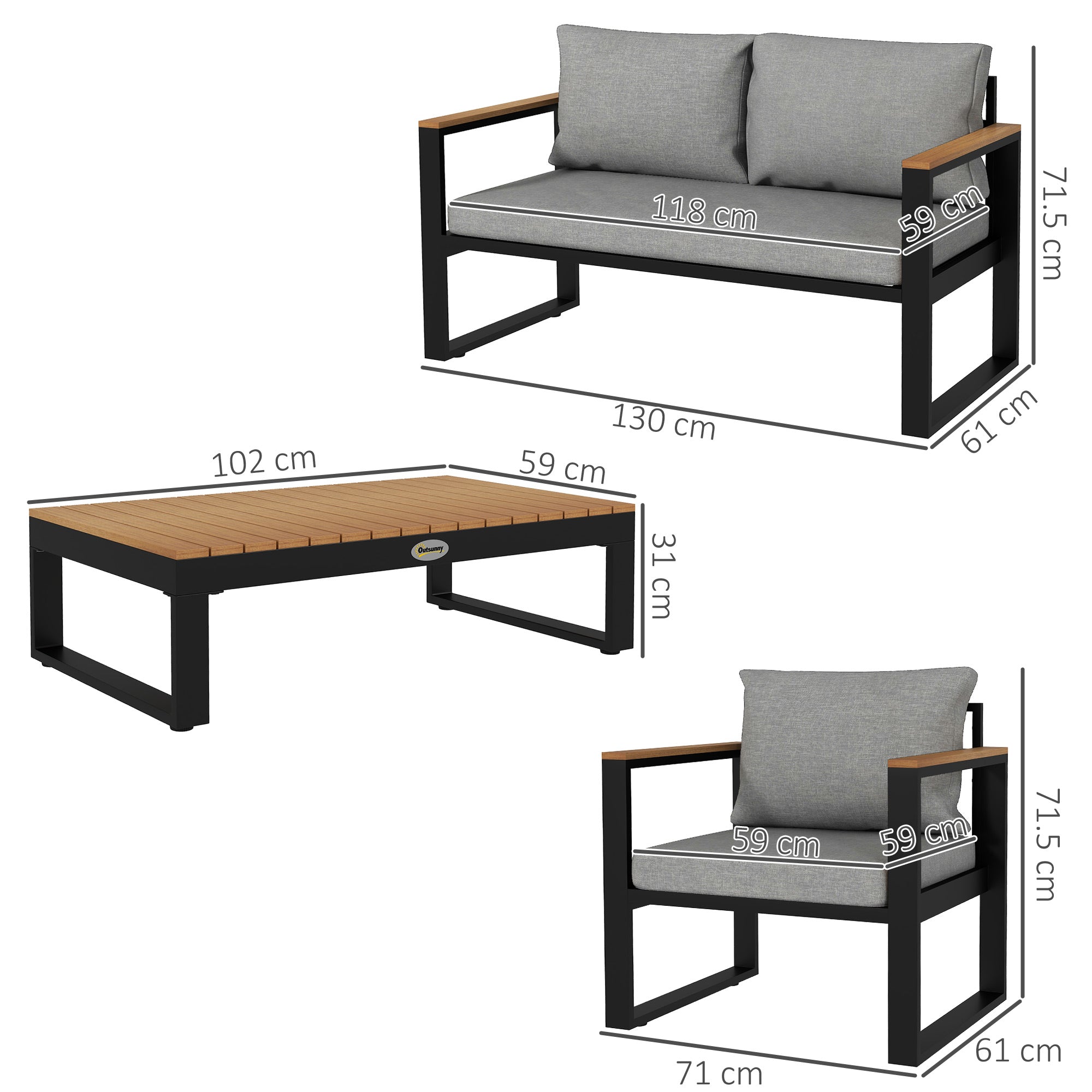 EasyComfort Tuinset 4-delig: 2-zitsbank, 2 fauteuils en salontafel, aluminium, grijs