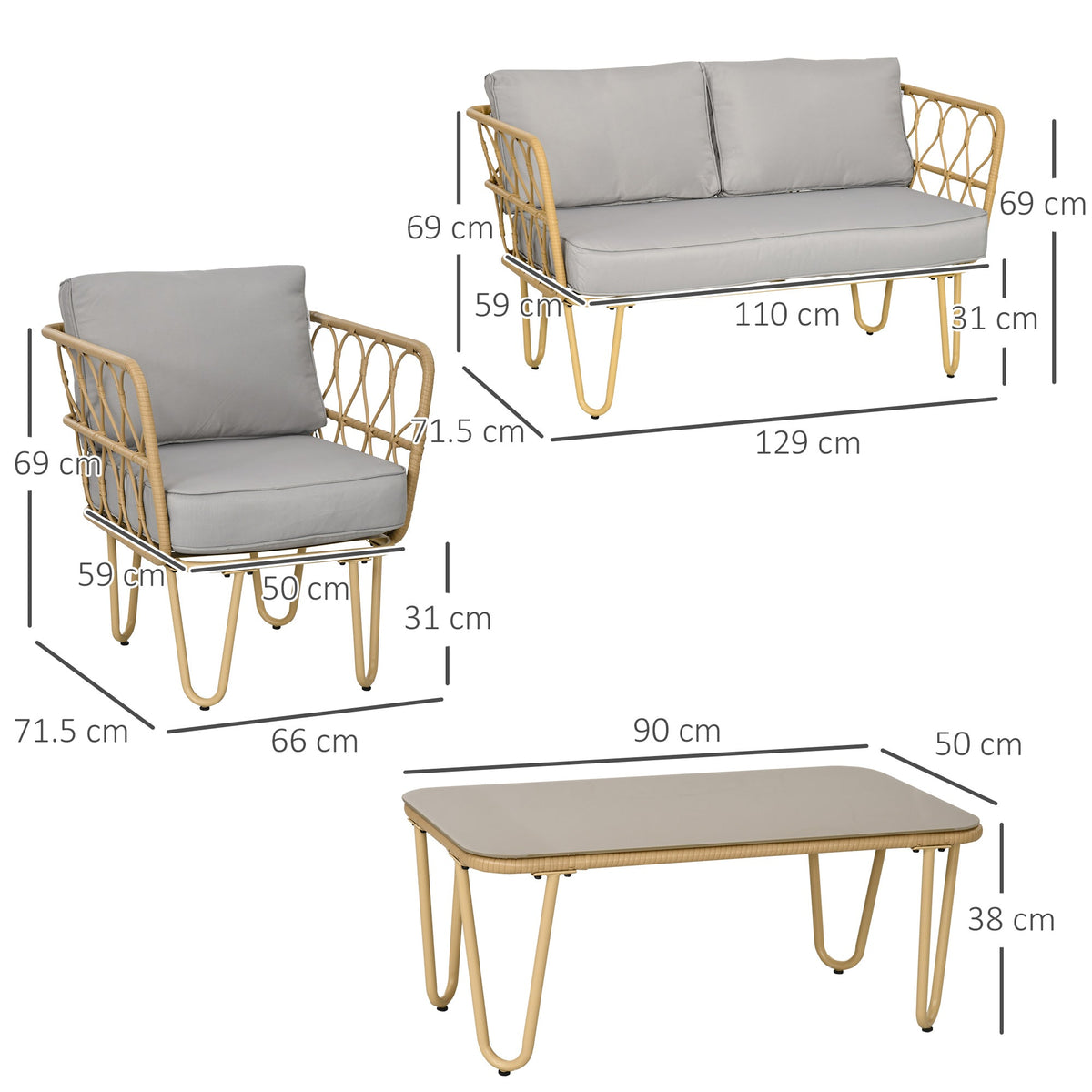 EasyComfort Boho loungeset 2-zits met 2 fauteuils en salontafel