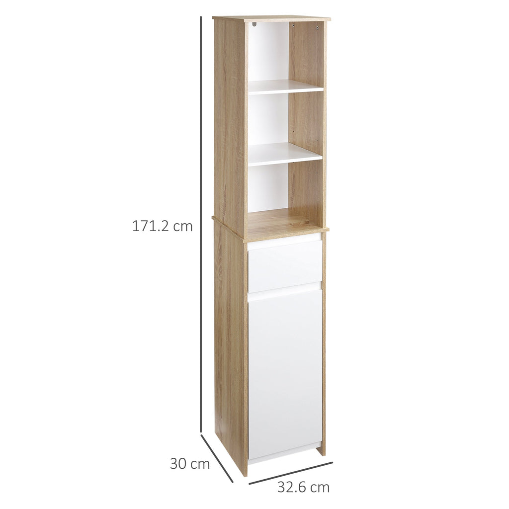 Easycomfort Scaffale Bagno Salvaspazio in Legno, Mobiletto a Colonna with Ripiani, Armadietto e Cassetto, white, 32.6x30x171.2cm