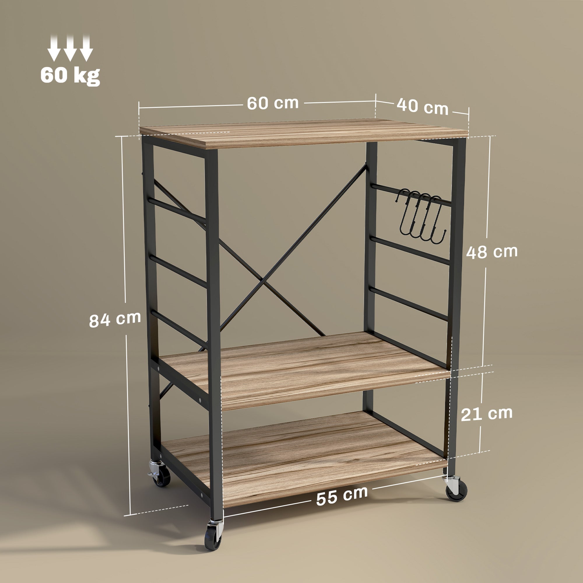 EasyComfort Scaffale da Cucina a 3 Livelli with Ruote e 4 Ganci, Industriale e Struttura in Acciaio,Telaio del carrellino, 60x40x84cm, Teak