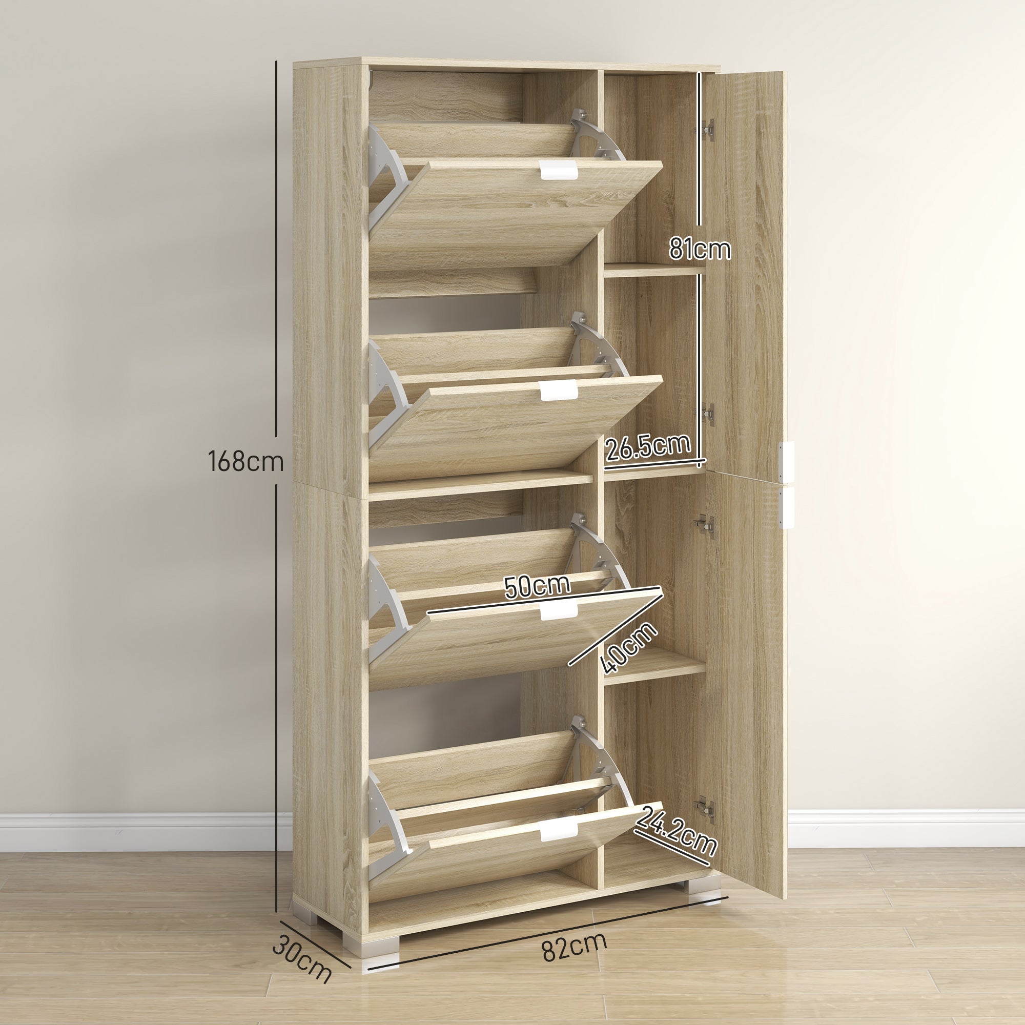 EasyComfort Scarpiera with Specchio per 16 Paia di Scarpe, 4 Cassetti a Ribalta e 2 Armadietti, 82x30x168cm, Rovere