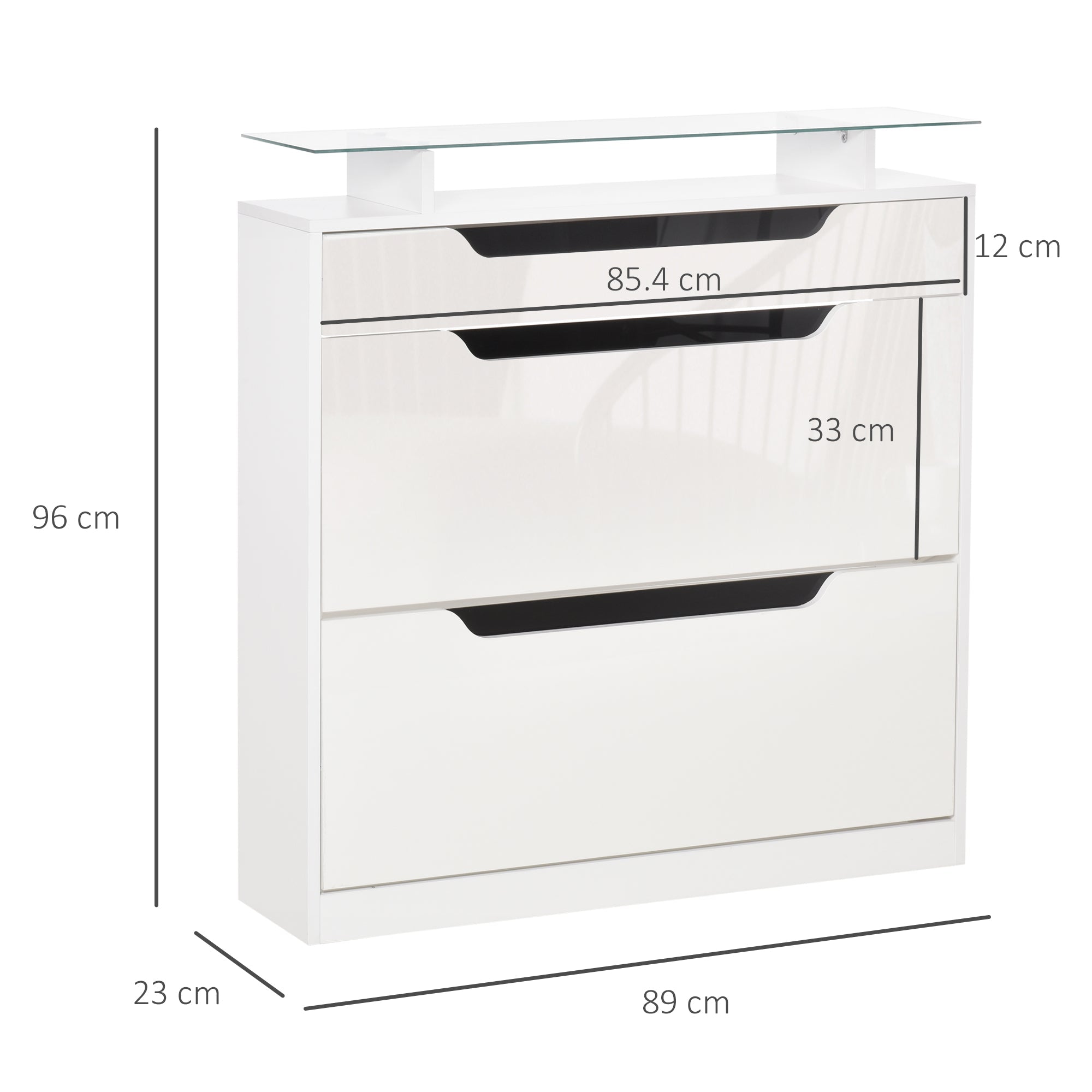 Easycomfort Scarpiera Moderna with 2 Cassetti per 16 Scarpe, Scarpiera a Ribalta with Mensola Regolabile e Ripiano in Vetro, 89x23x96cm, white Lucido