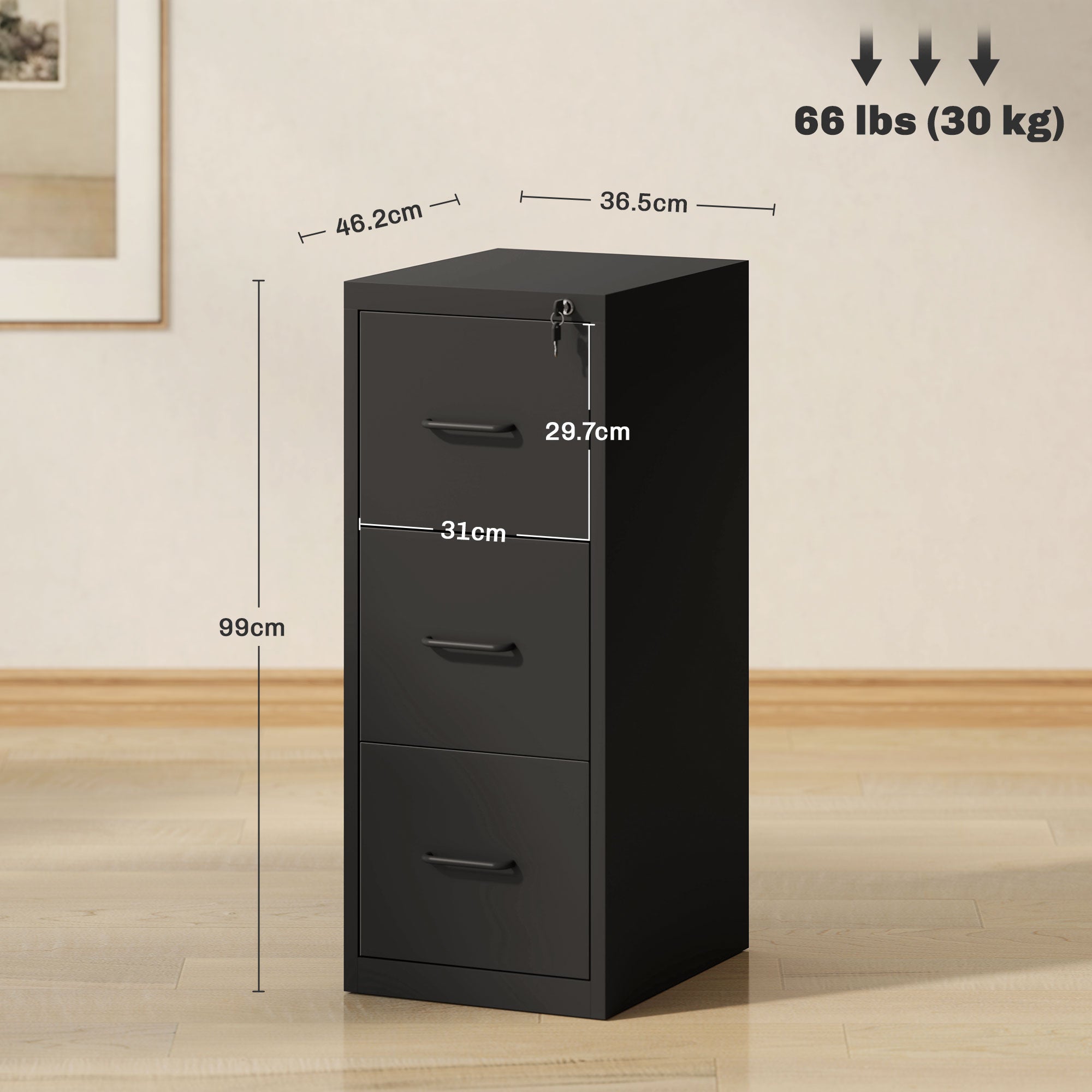 EasyComfort Schedario archiefkast 3-laden, staal 36.5x46.2x99 cm, zwart