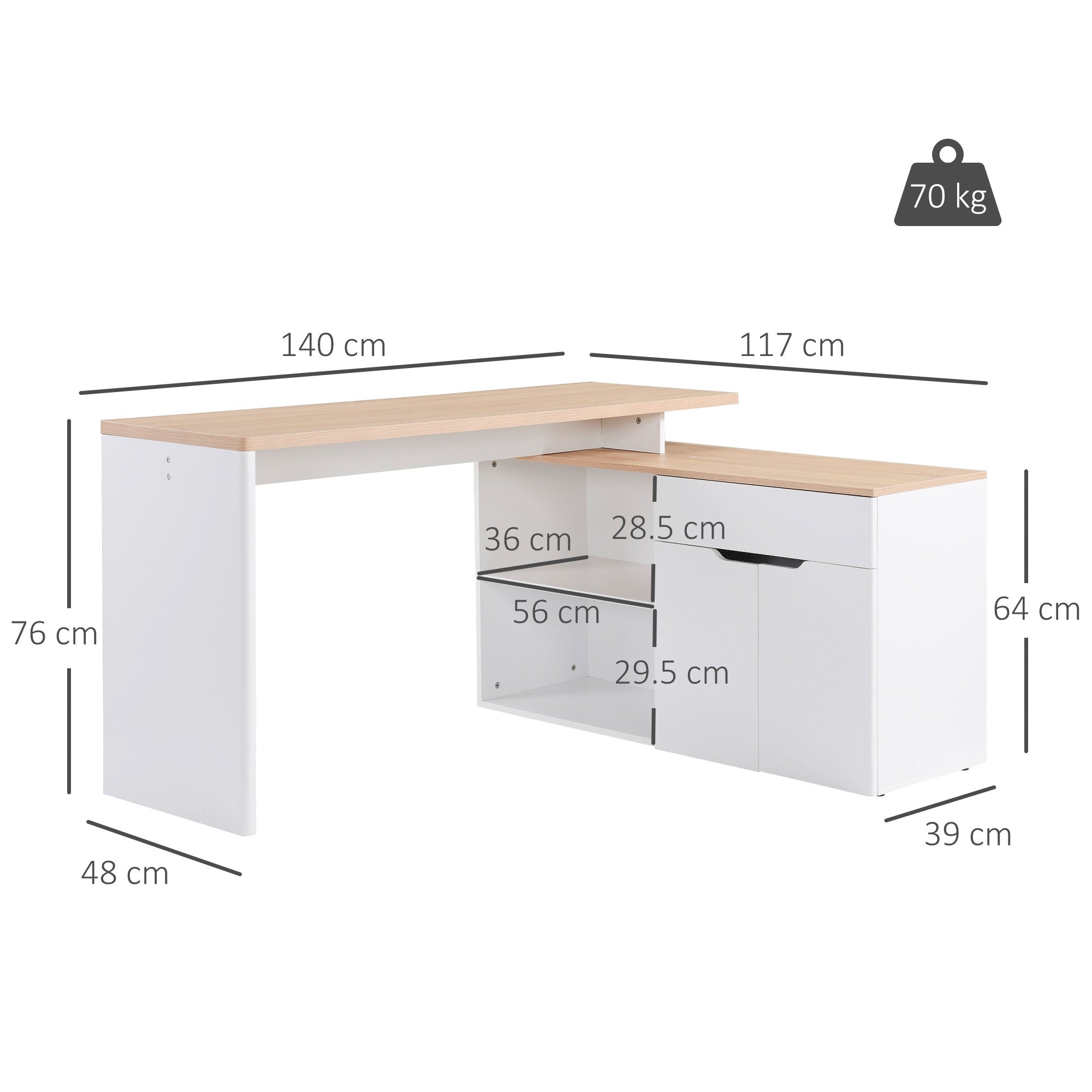 EasyComfort Scrivania Angolare hoekbureau met opbergruimte, 140x117x76 cm