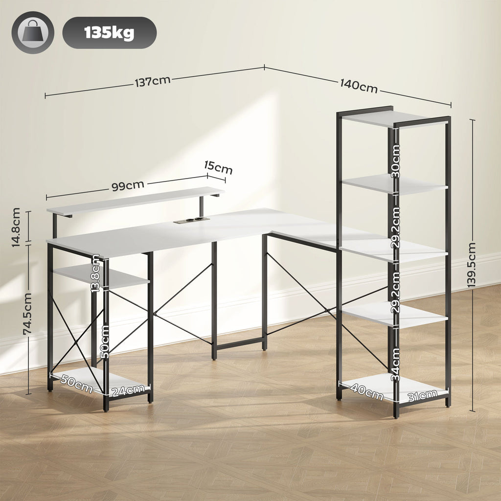 EasyComfort hoekbureau met stroom- en USB-aansluiting, monitorsteun, wit/zwart
