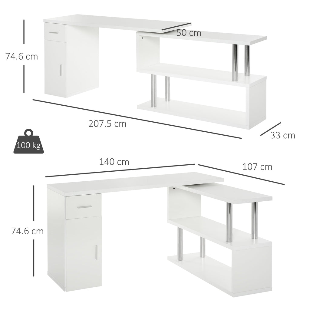 EasyComfort Scrivania Angolare Moderna in Legno with Cassetto, Armadietto e Mensole, Arredamento per Ufficio e Casa, white