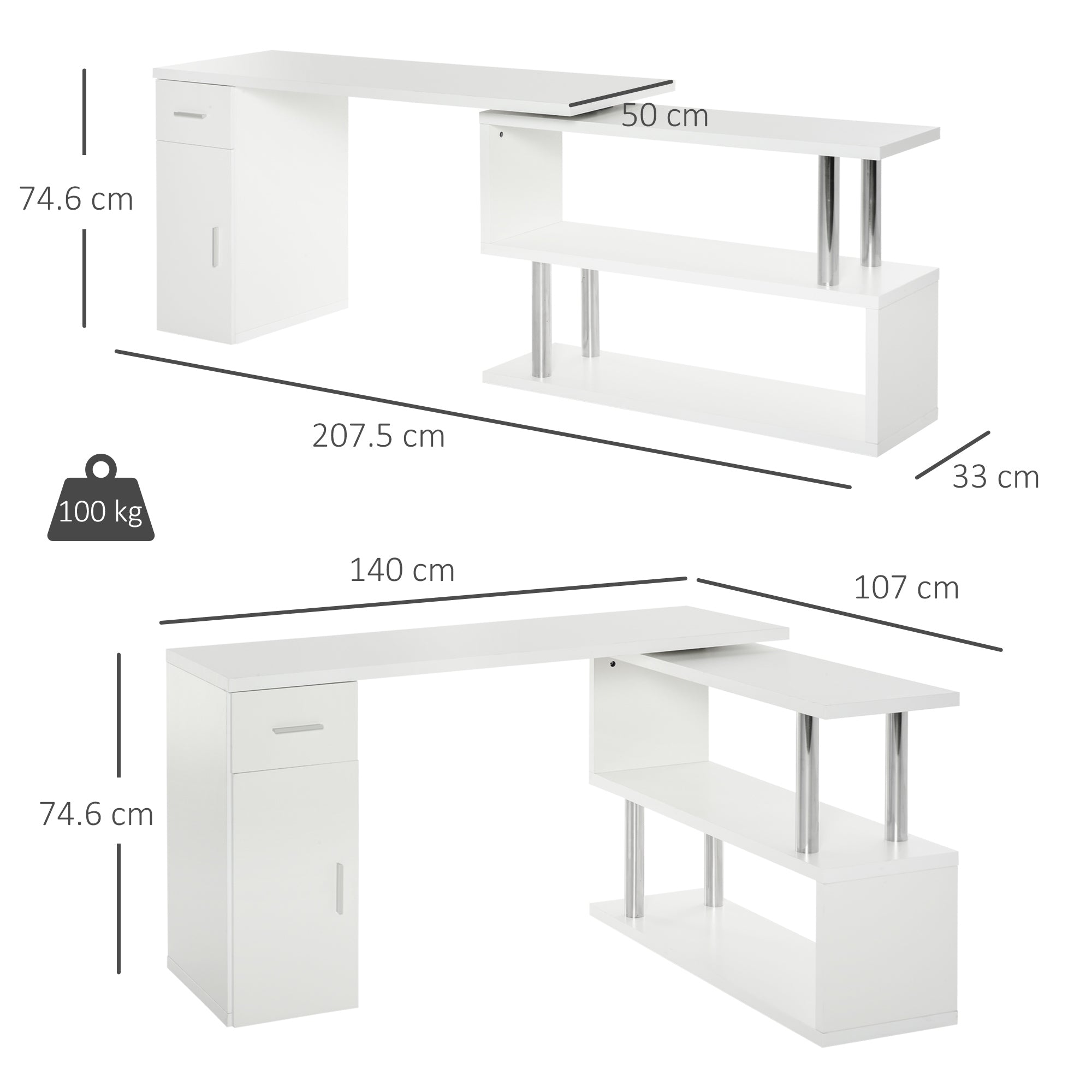 EasyComfort Scrivania Angolare Moderna in Legno with Cassetto, Armadietto e Mensole, Arredamento per Ufficio e Casa, white