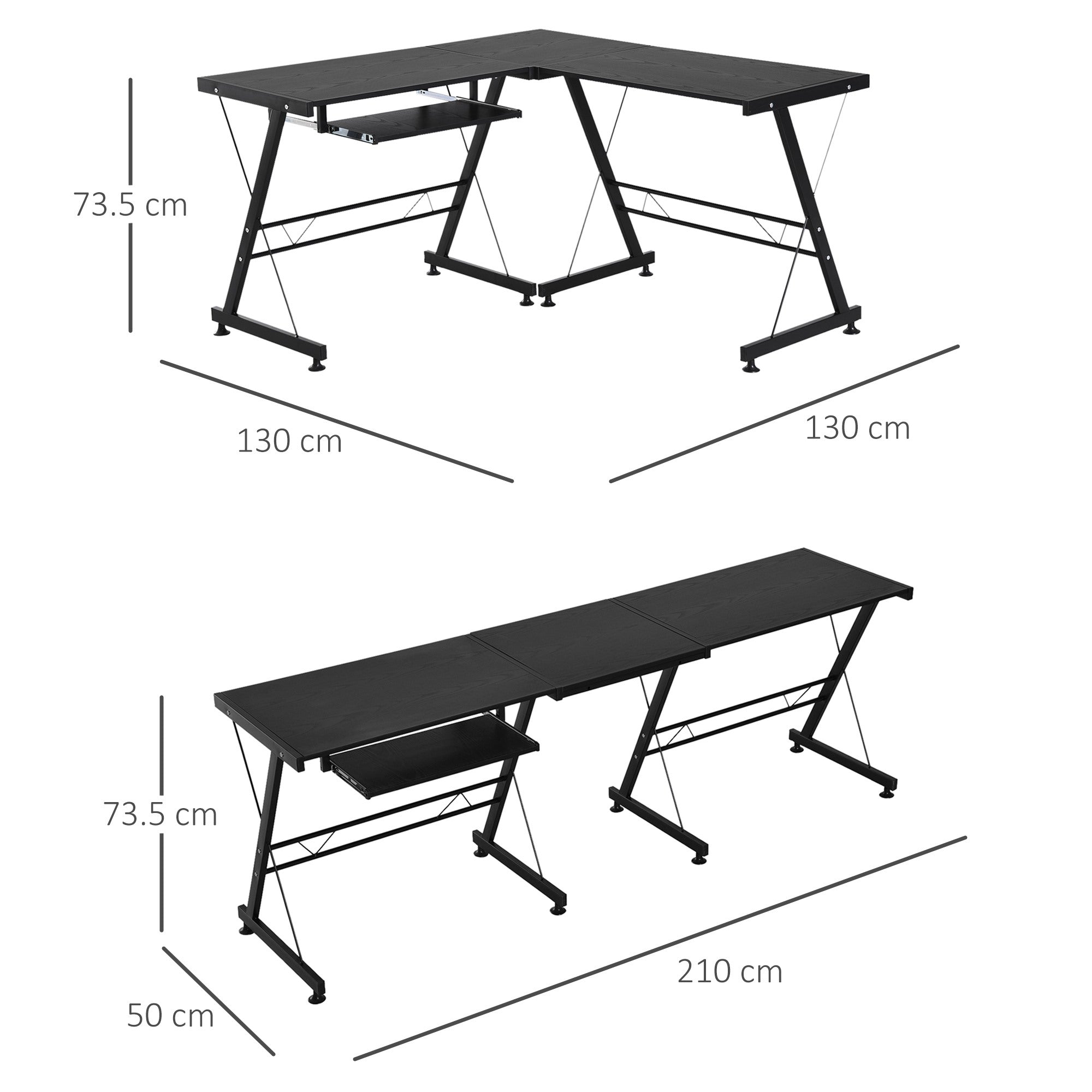 EasyComfort bureau L-vorm of recht met toetsenbordlade zwart 130x130x73.5 / 210x50x73.5 cm