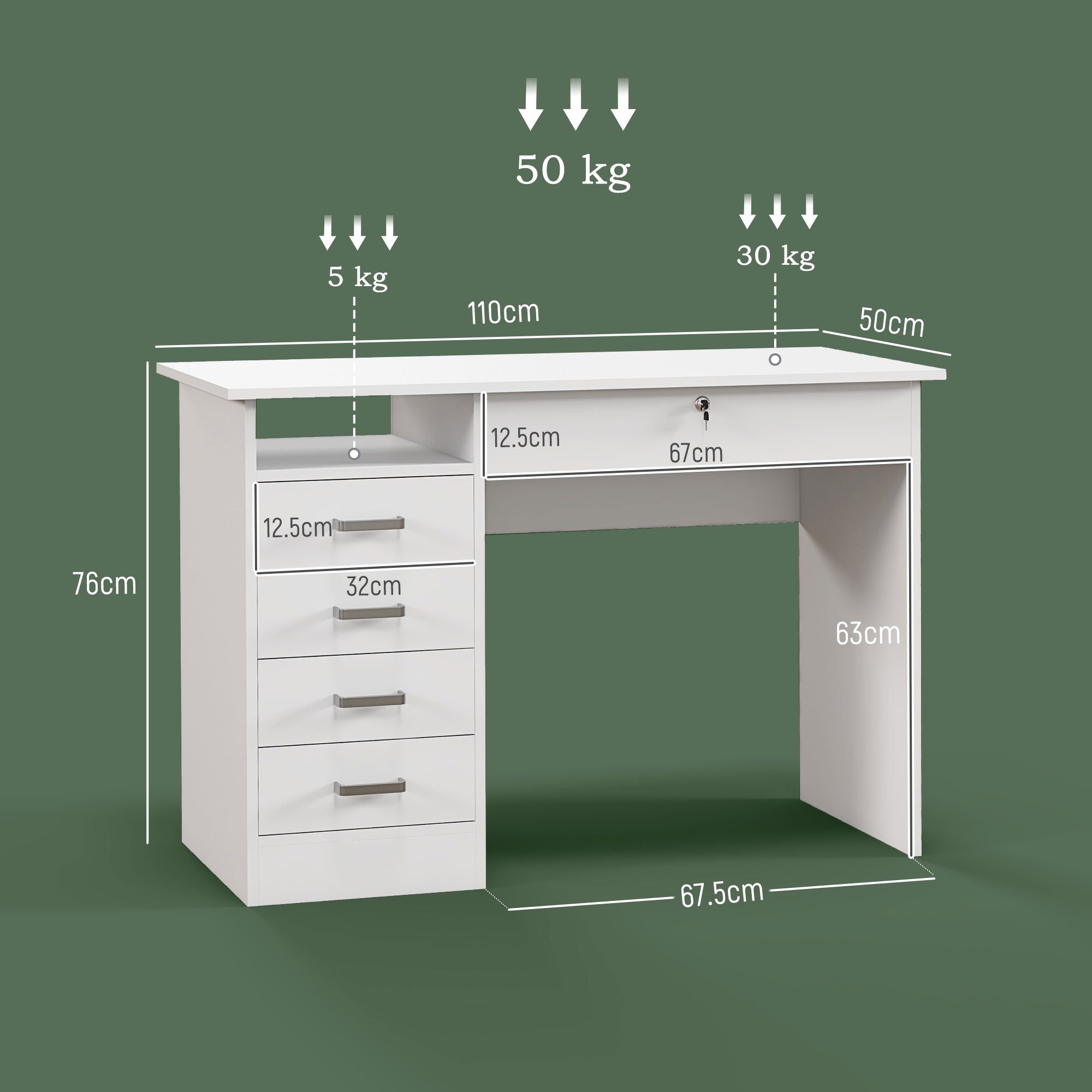 EasyComfort Scrivania Moderna bureau, 5 laden, wit 110x50x76 cm