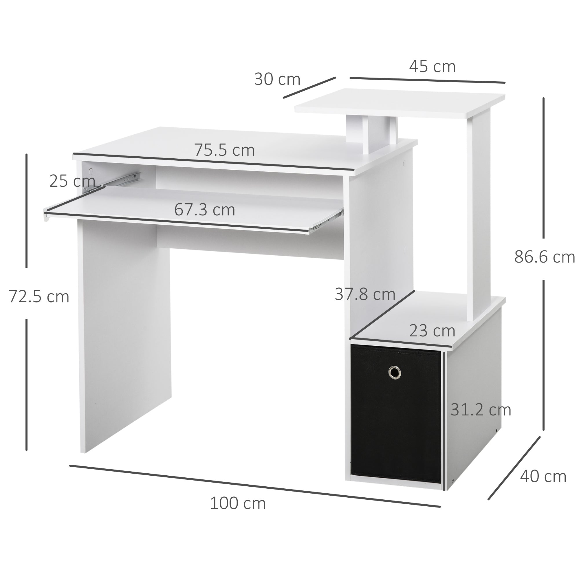 EasyComfort Moderne bureau met toetsenbordlade en stoffen lade 100x40x86.6 cm wit/zwart