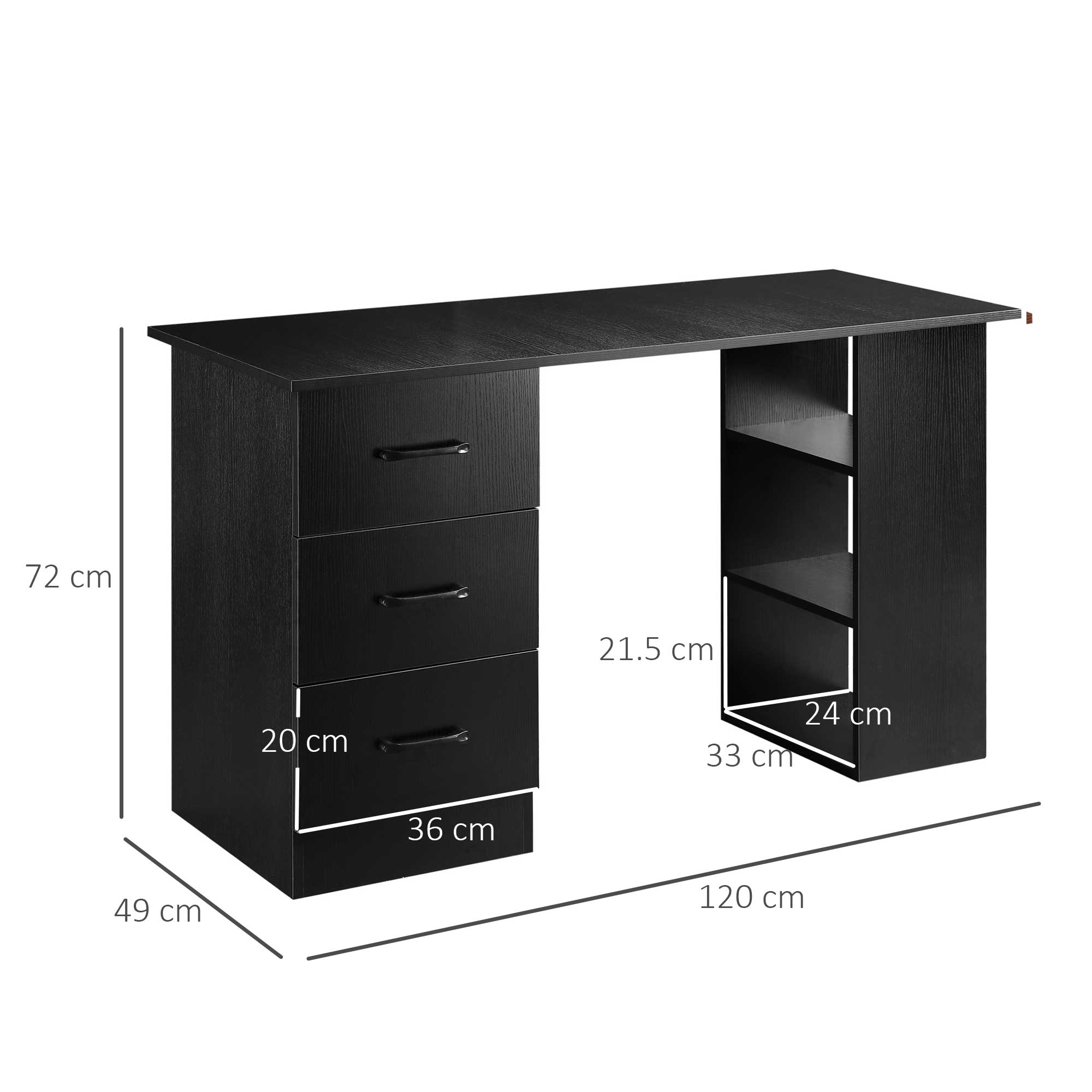 EasyComfort bureau 120x49x72 cm met 3 laden & 3 planken, zwart