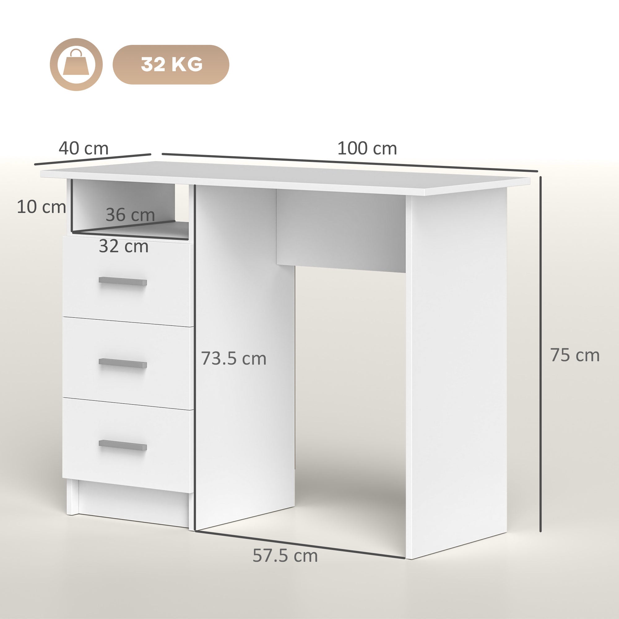 EasyComfort Modern bureau 100x40x75 cm, 3 lades, wit/bruin