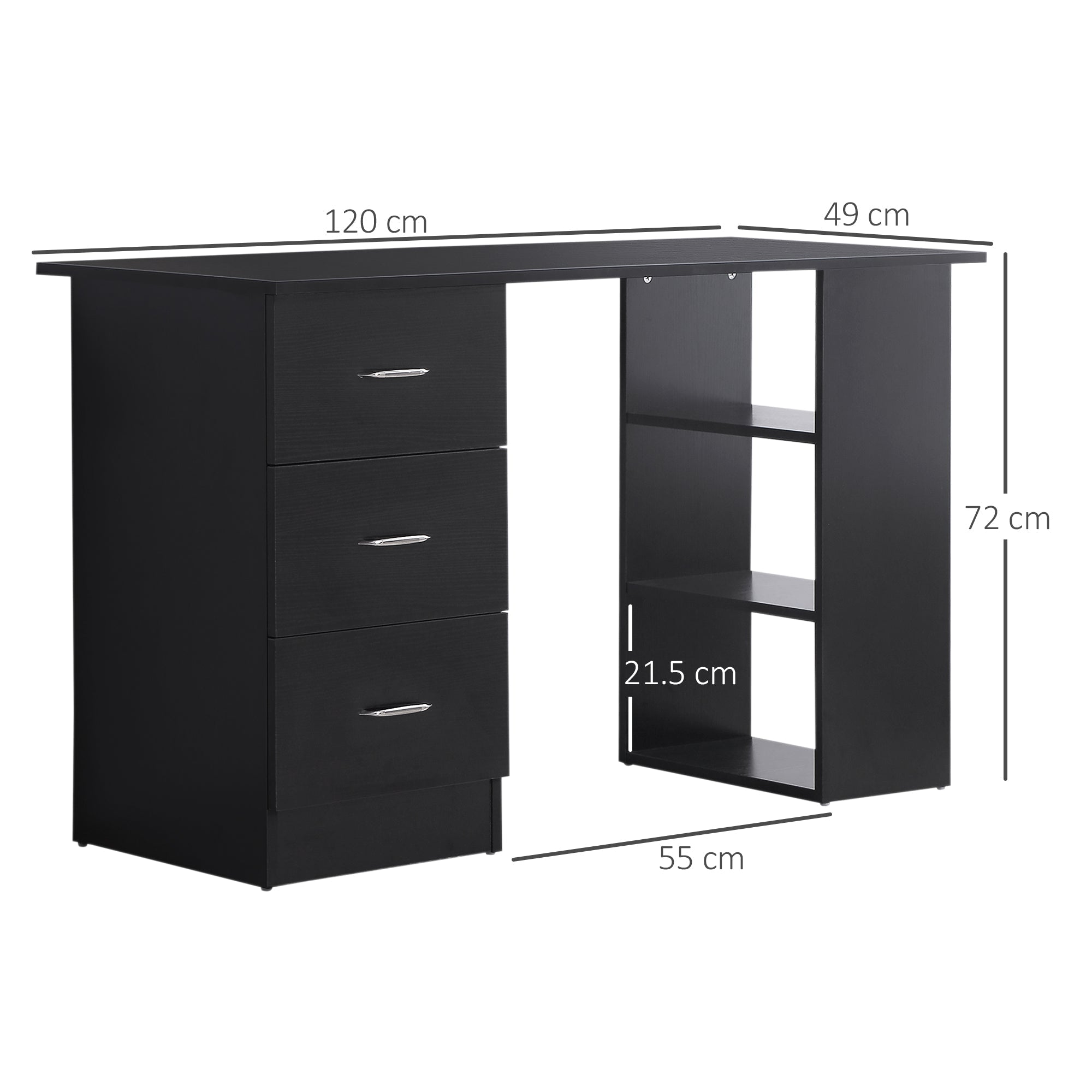 EasyComfort PC-bureau 120x49x72 cm, 3 planken, 3 lades, zwart