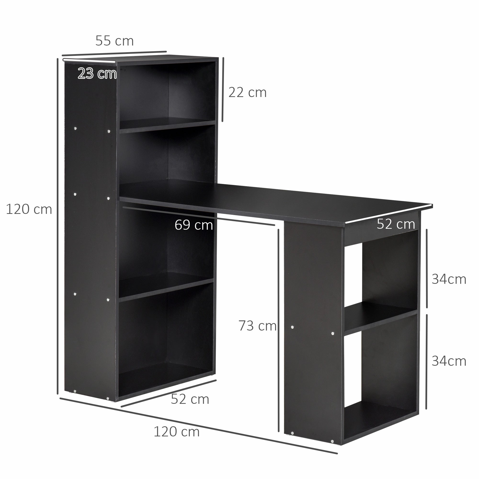 EasyComfort PC-bureau 120x55x120 cm, 6 planken, zwart
