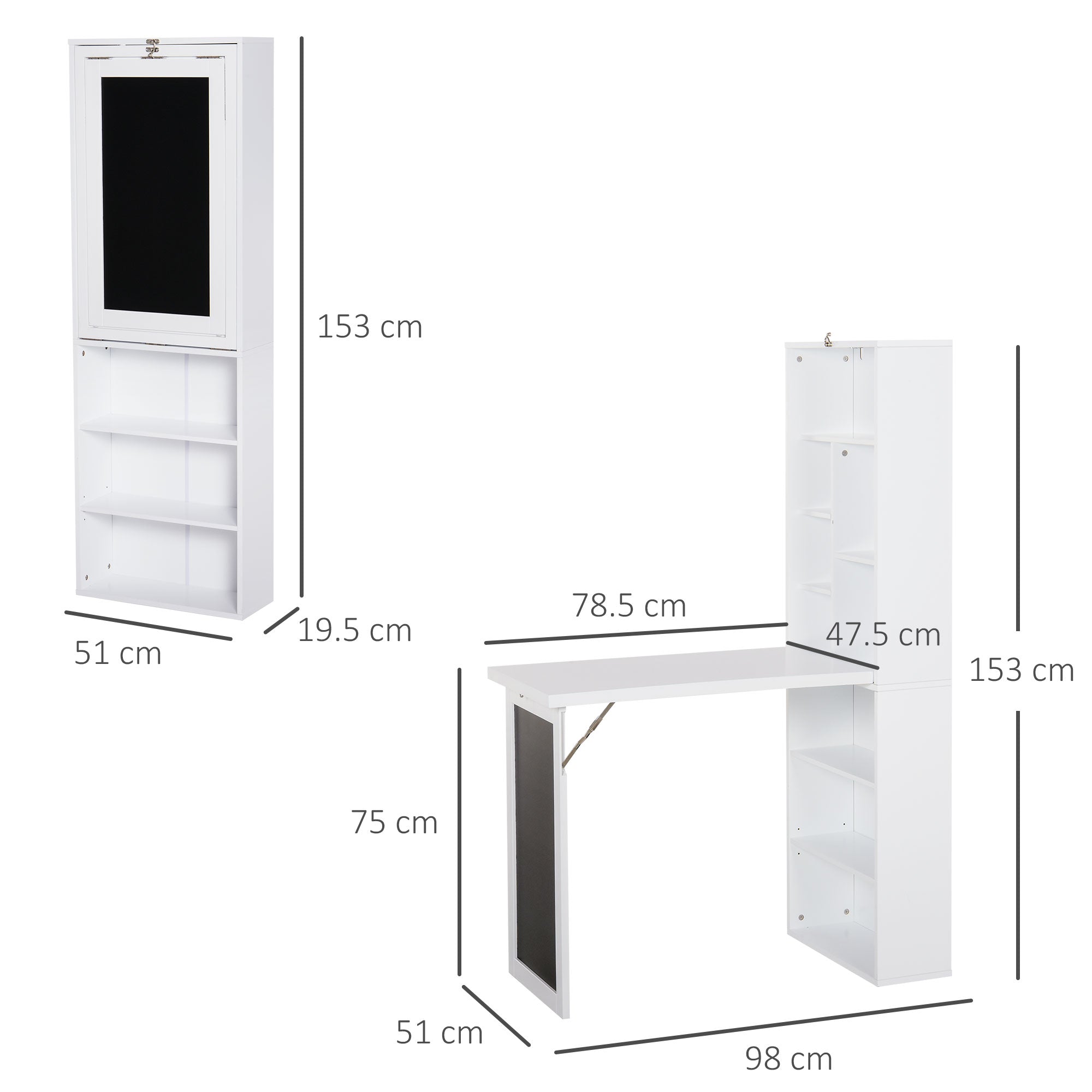 Easycomfort Scrivania PC Pieghevole with Libreria a 9 Ripiani in Legno e Metallo, 98x51x153 cm, white