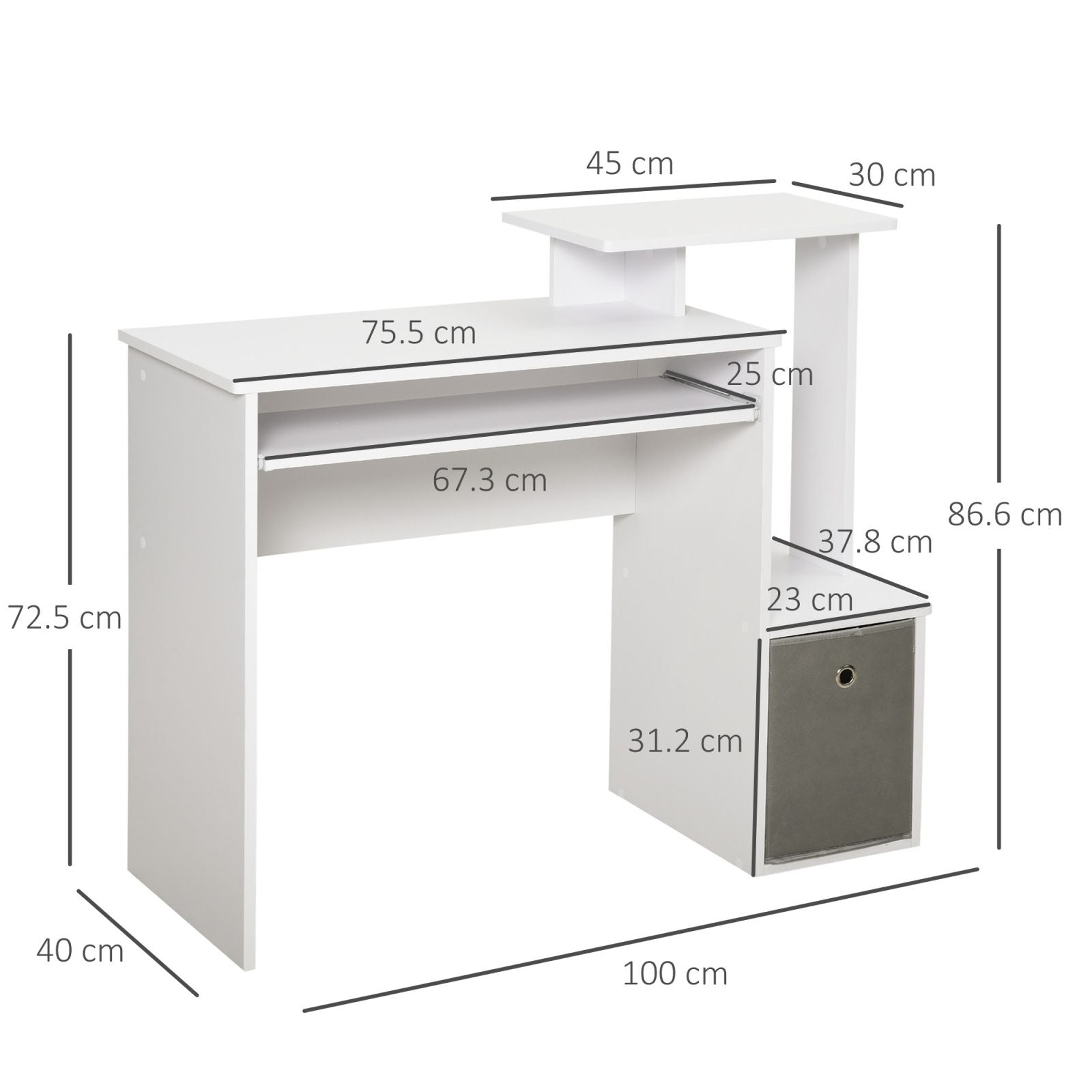 Easycomfort Scrivania Moderna per PC with Mensola Porta Tastiera, Ripiano e Cassetto in Tessuto, in Legno, 100x40x86.6cm, white