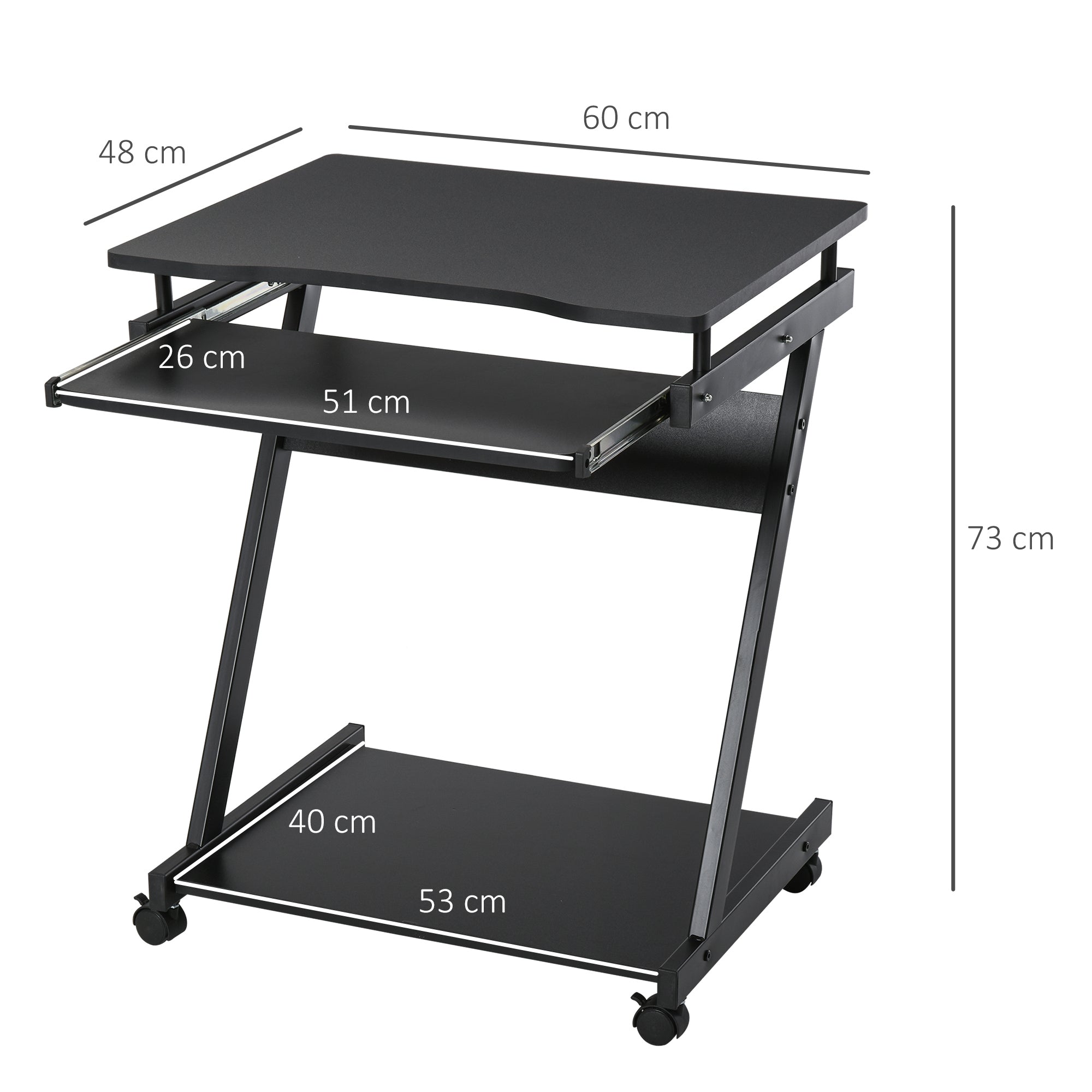 Easycomfort Scrivania per Computer Porta PC Classico e Salvaspazio, Scrivania per cameretta with Piano Tastiera a Scomparsa, 4 Ruote e Ripiano Inferiore black 60x48x73cm