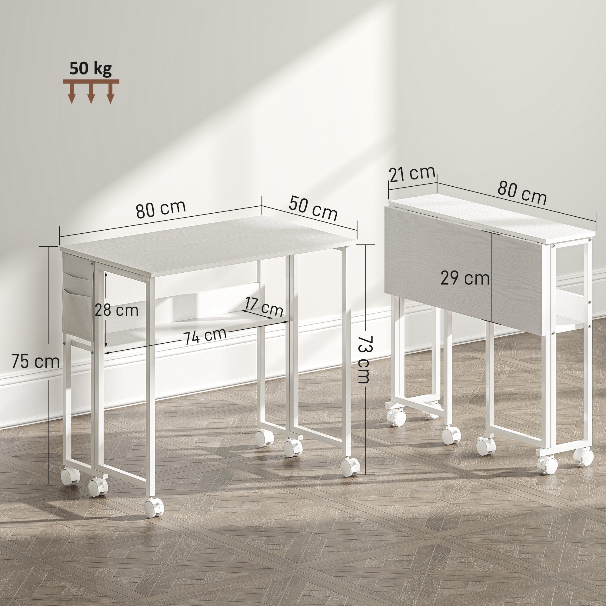 EasyComfort inklapbaar bureau met plank, zijvak en 6 wielen, wit