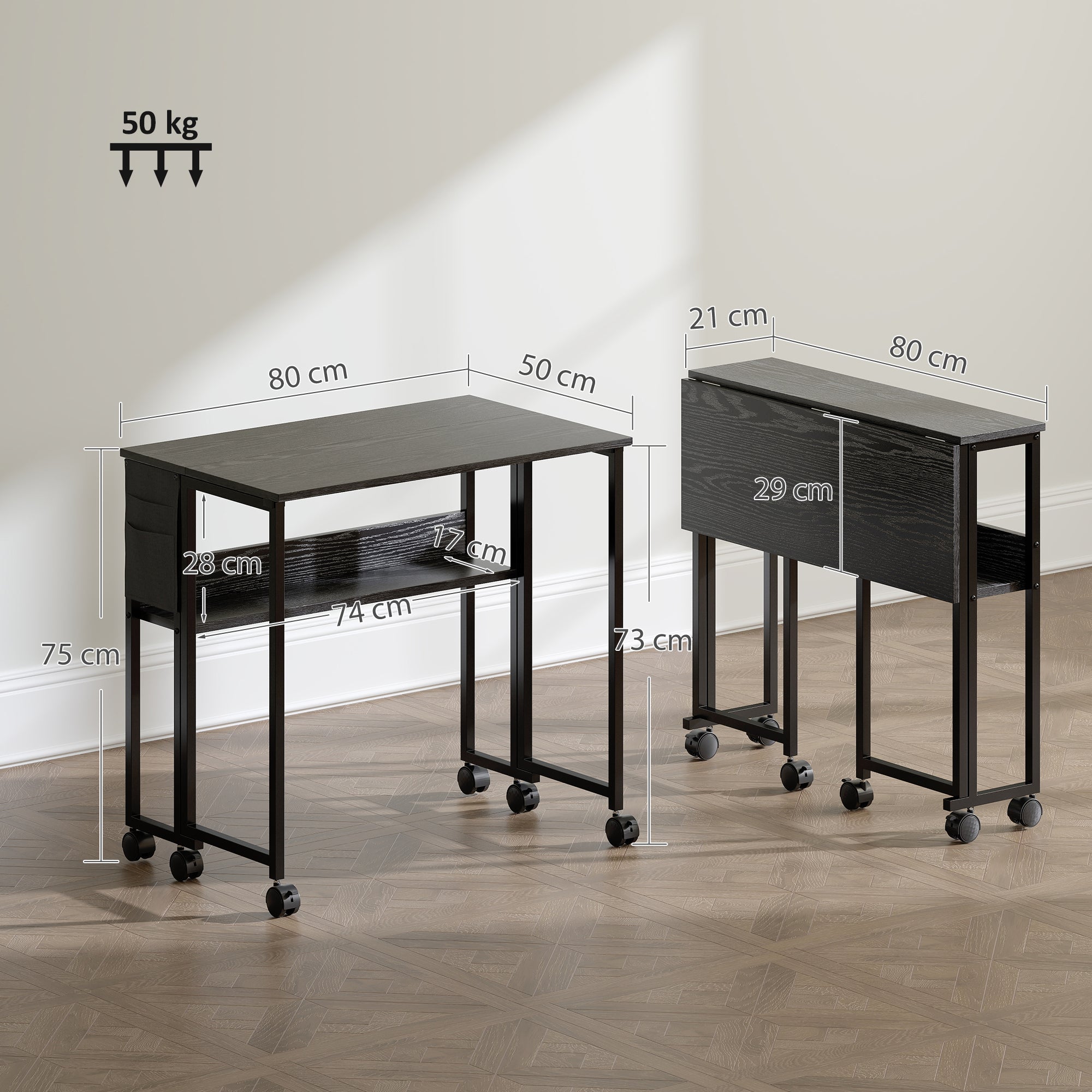 EasyComfort opvouwbaar bureau met schap en wielen 80x50 cm zwart