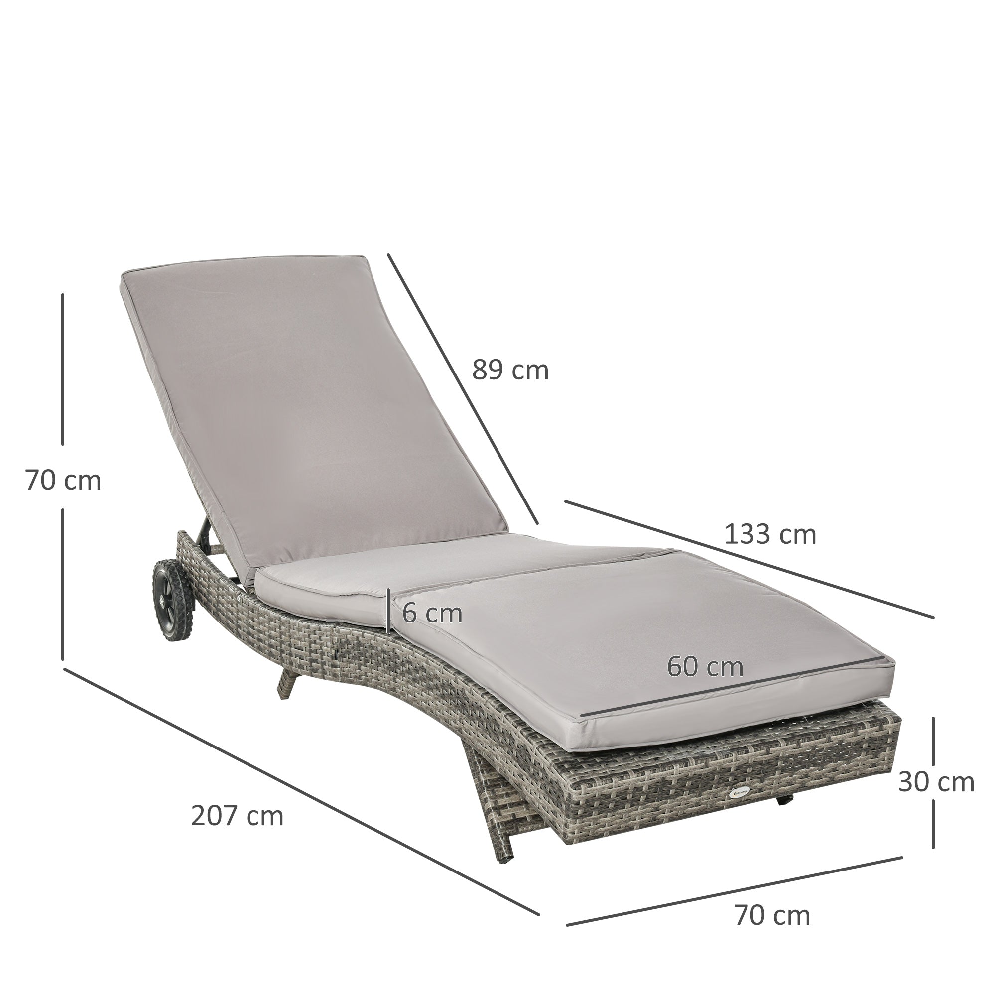 EasyComfort Sdraio da Giardino in Rattan PE con Schienale Regolabile e Cuscino, 207x70x70cm, Grigio